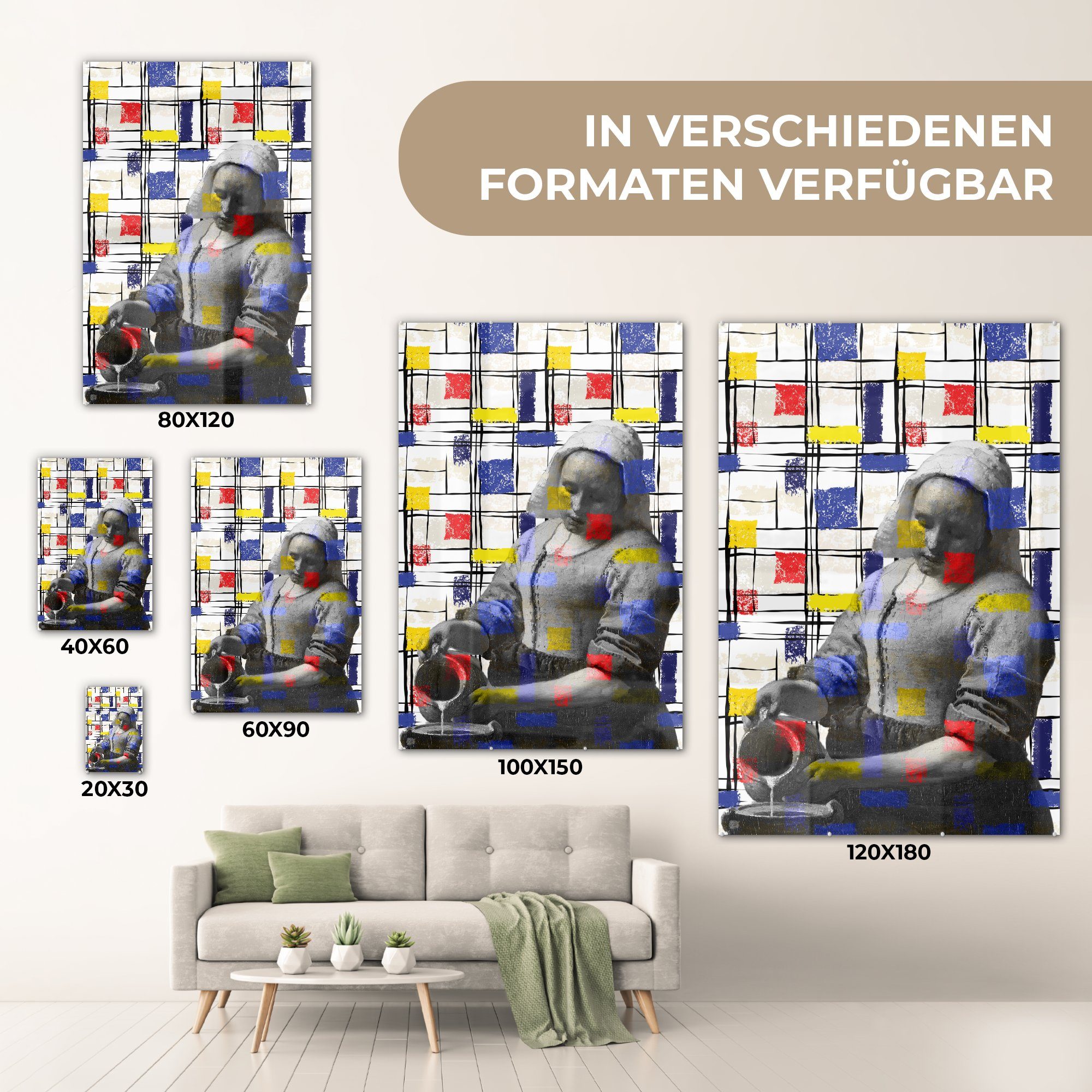 - auf - - Foto (1 Glas Glasbilder bunt St), auf Mondrian Bilder Collage, - Wandbild Glas - Acrylglasbild Wanddekoration Milchmädchen MuchoWow