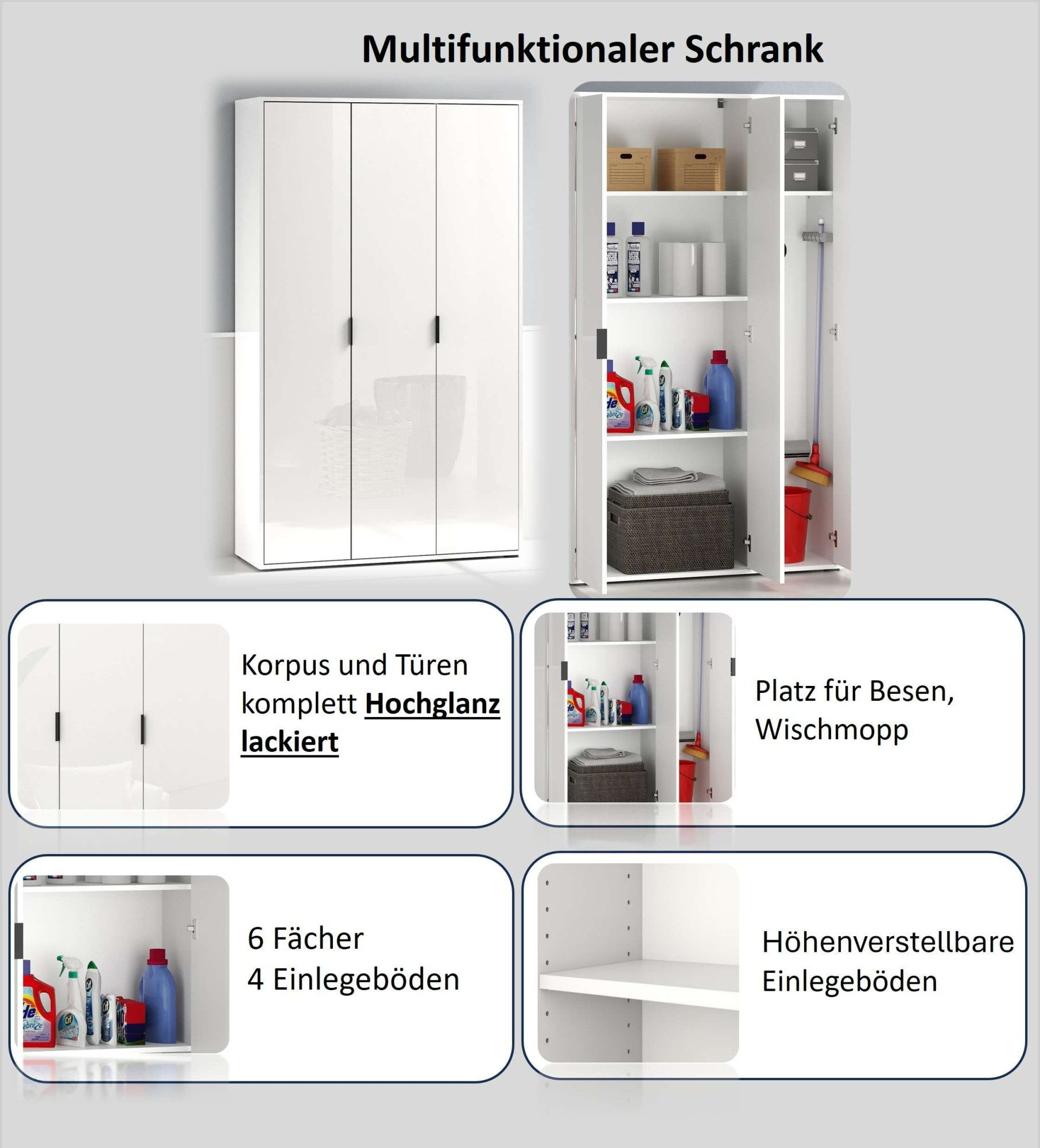 Home affaire Mehrzweckschrank JOLLY, Stauraumschrank, Breite 107 cm, Höhe 178 cm (1-St) 3 Türen,1 kleiner und 3 große Einlegeböden- Schrank hochglanz lackiert – Bild 4 von 5