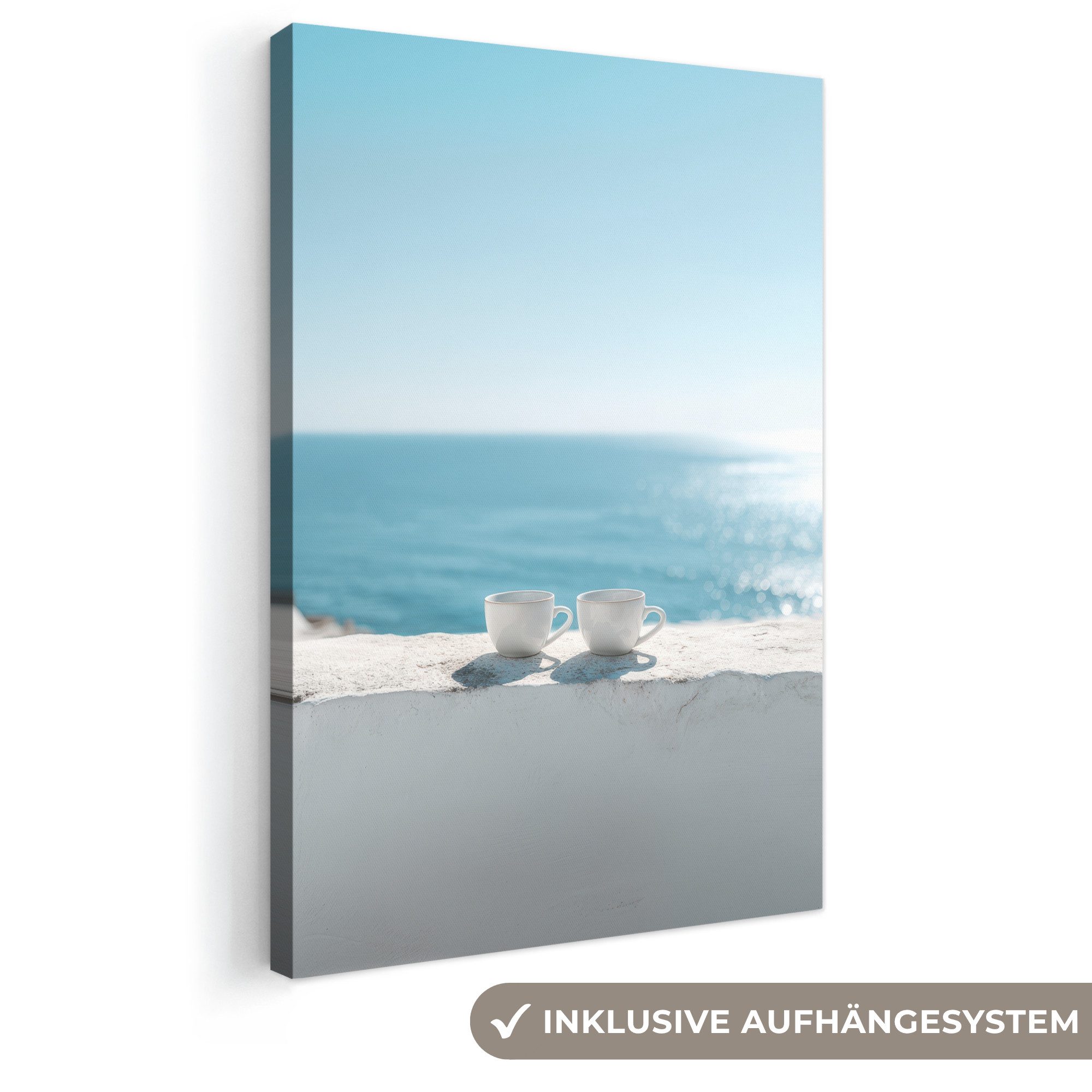 OneMillionCanvasses® Leinwandbild Meer - Kaffeetassen - Sommerlich, Fotodruck (1 St), Leinwand Canvas Wandbild, Wanddekoration 20x30 cm