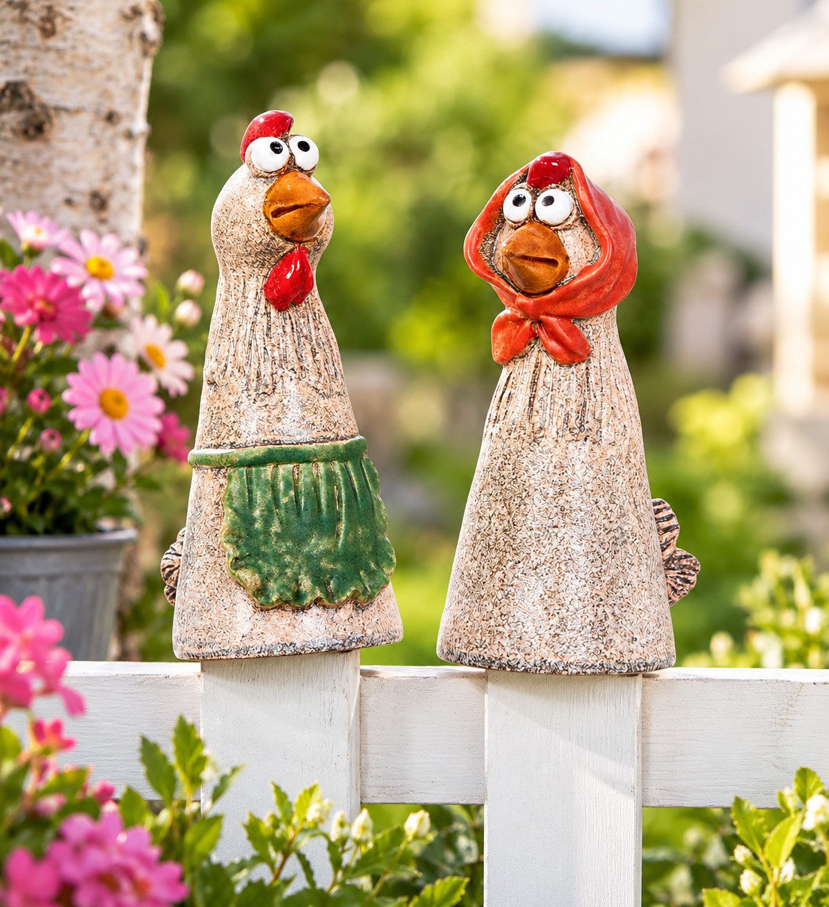 MF Gartenfigur Zaunfigur Hühner Gerda und Otilie 2er Set Keramik Deko 21cm, (2 St)