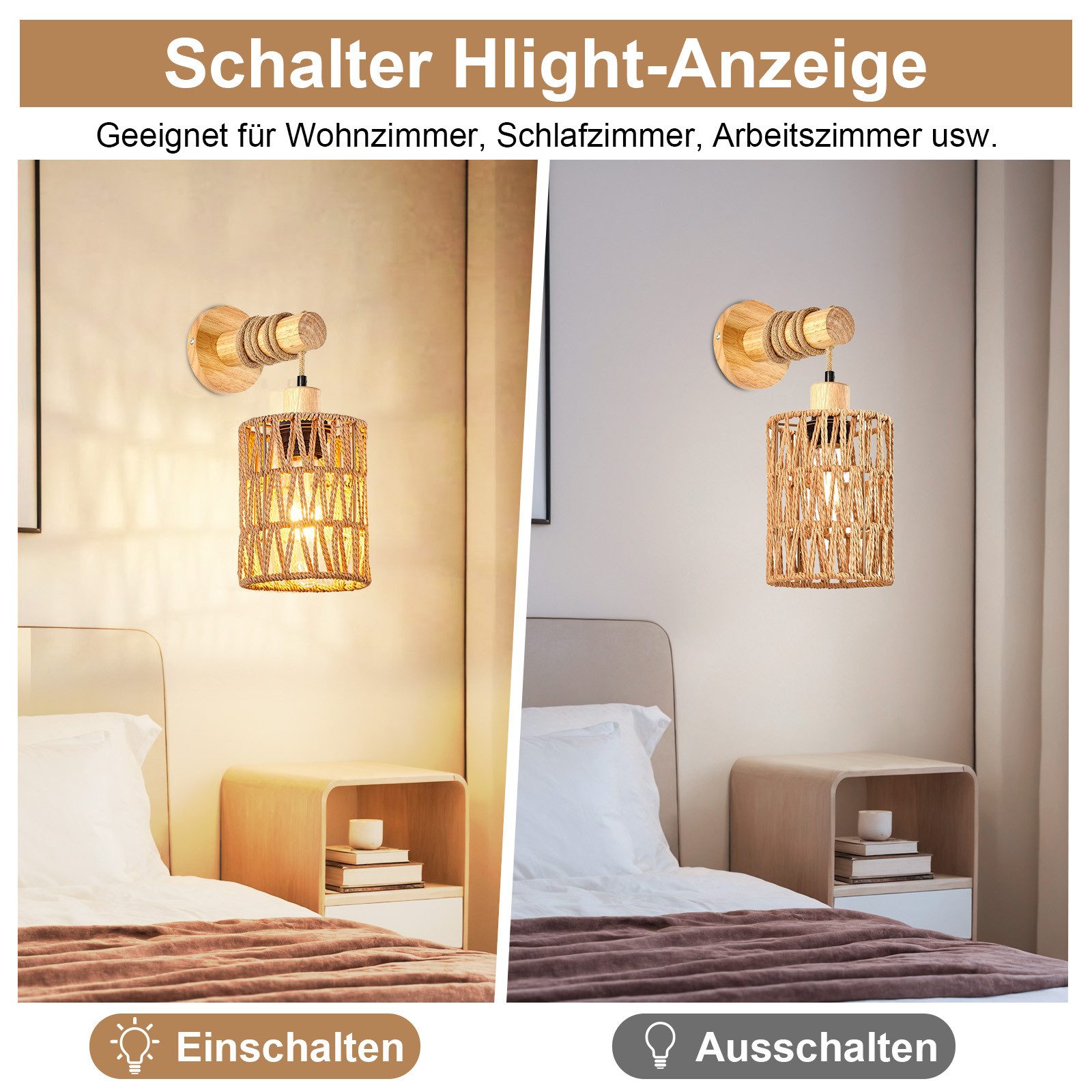 Jibenhome LED Nachtlicht Boho Rattan Wandleuchte günstig online kaufen