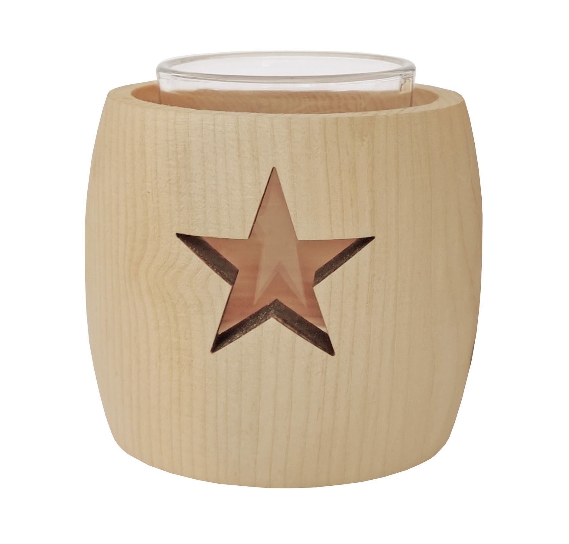 ERST-HOLZ Teelichthalter Zirben Teelichthalter mit Glas und Ausschnitt Stern (Stern), Stern