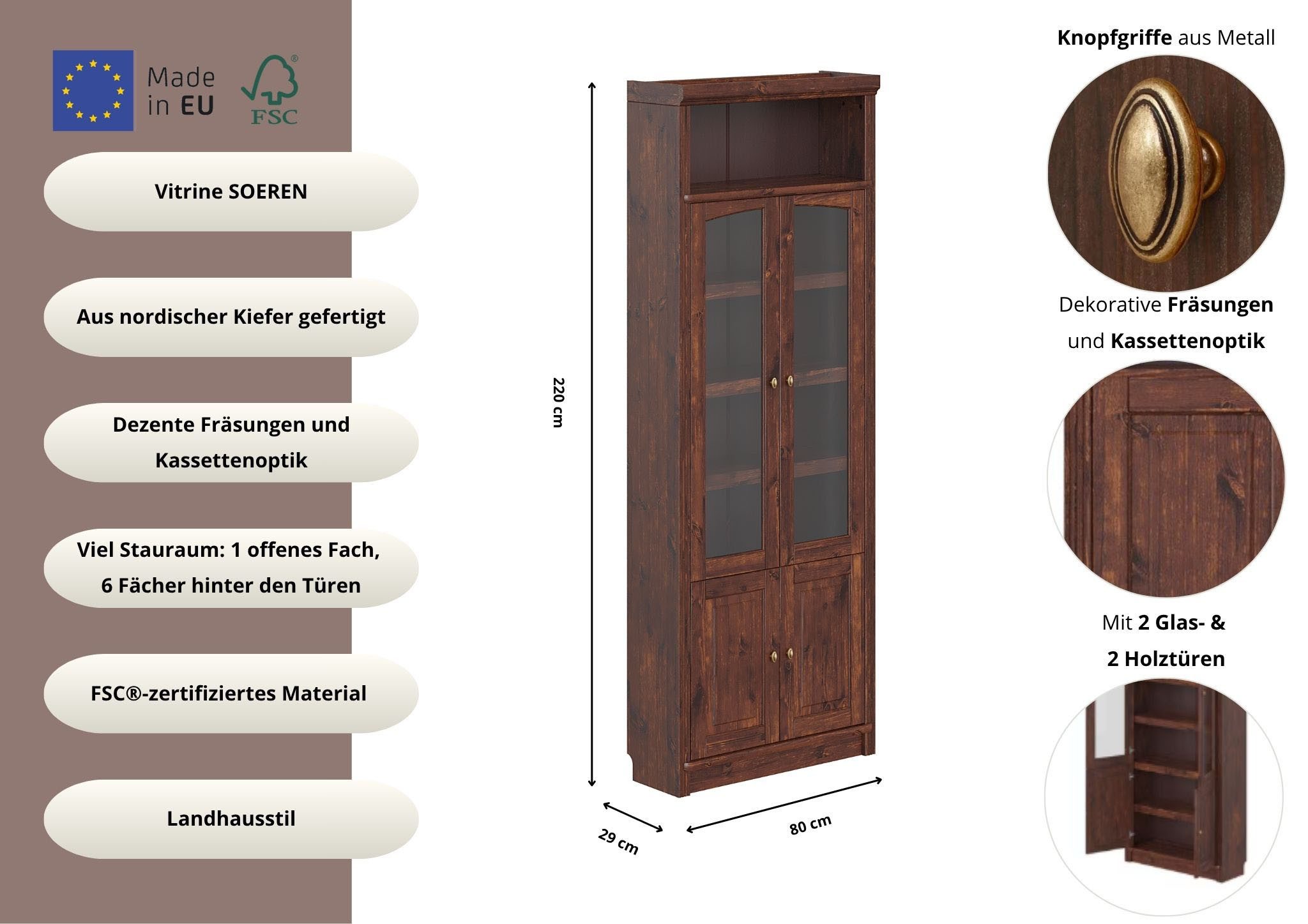 OTTO home Vitrine Soeren Regal mit 2 Glastüren und 2 Holztüren, B/TH: 80/29/220 cm Kiefer FSC®-zertifiziert, 1 offenes Fach, 6 Fächer hinter den Türen