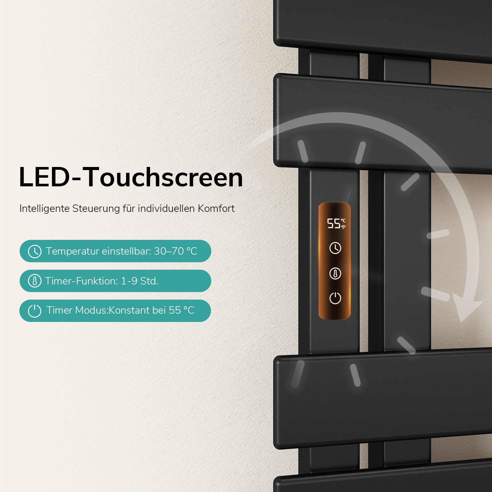 EMKE Elektrischer Badheizkörper Handtuchtrockner mit Smart Thermostat WiFi/APP-Steuerung Timer, Handtuchtrockner Flach Badheizkörper Links 100×50 cm Weiß
