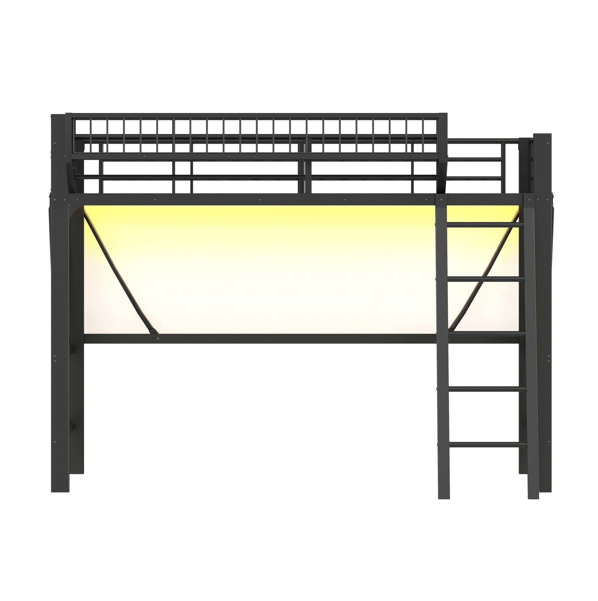 MODFU Hochbett aus Metall (mit LED-Beleuchtung, Aufbewahrungskorb und durchgehenden Sicherheitsgeländern, schwarz, 204 x 124.5 x 180) ohne Matratze