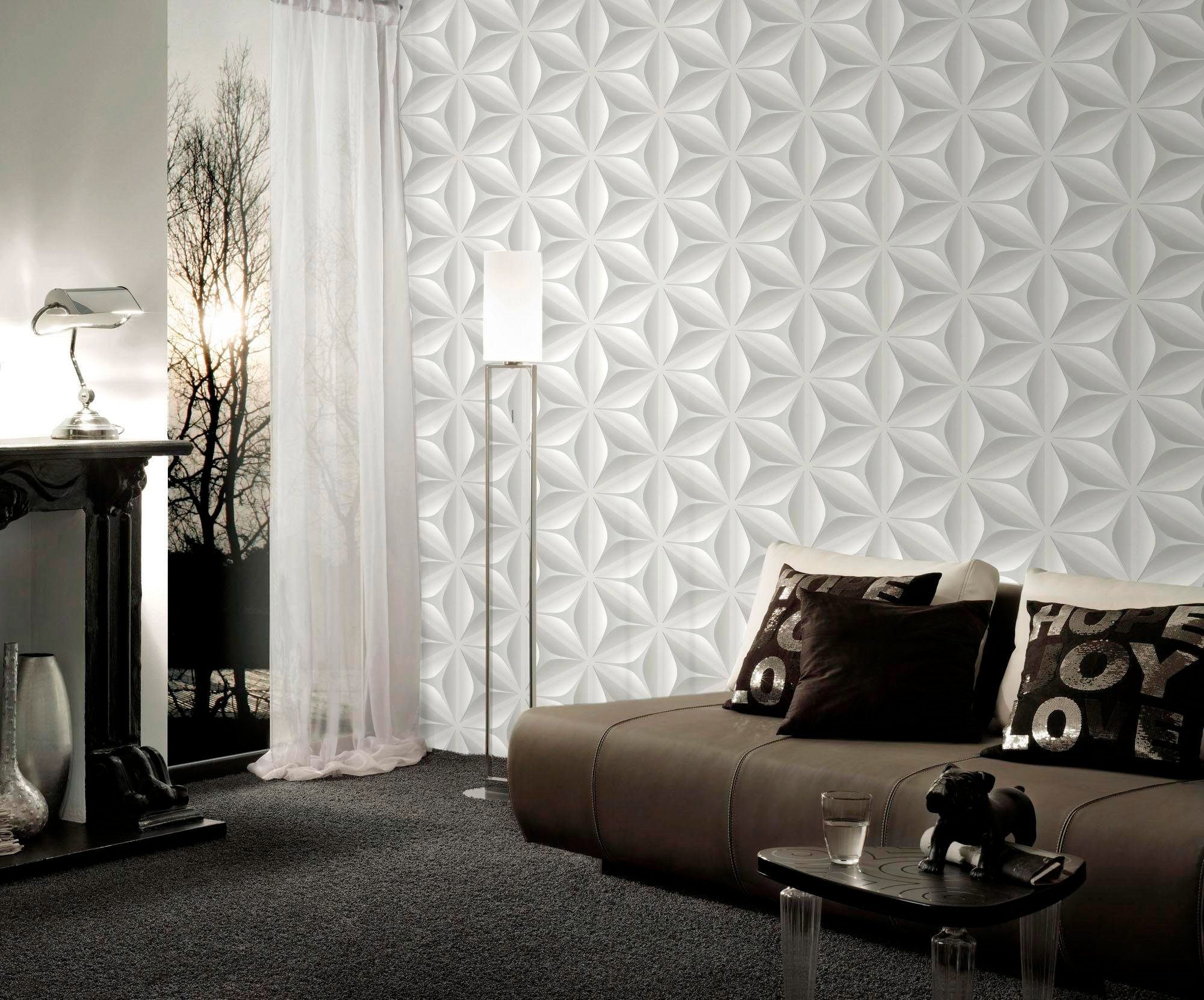 glänzend Vliestapete Grau Scandinavian, Geometrisch Tapete Retrotapete Effekt Retro, walls hellgrau/grau 3D living einfarbig,