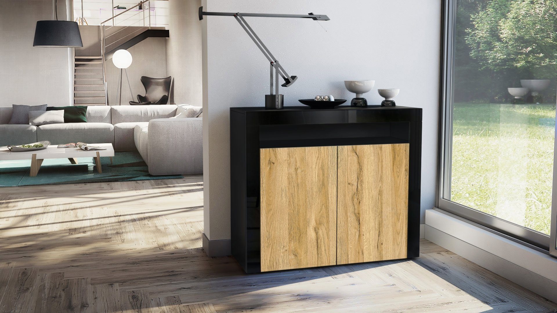 Vladon Kommode Valencia (Kommode, Sideboard mit 2 Türen und 1 offenem Fach), Schwarz matt/Eiche Natur/Schwarz Hochglanz (108 x 92 x 40 cm)