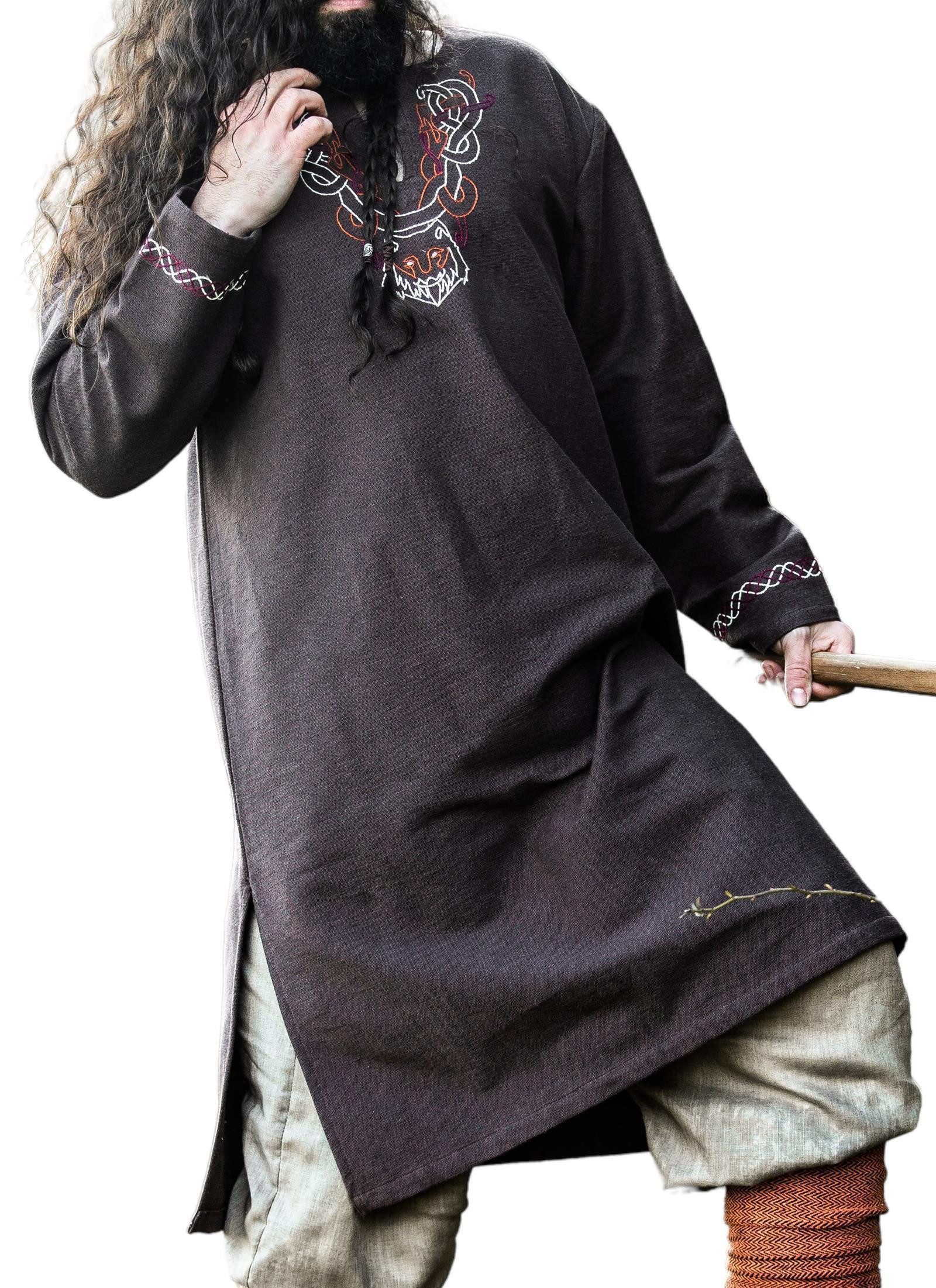 Leonardo Carbone Wikinger-Kostüm Tunika "Freki" mit Wolfsstickerei, grober Baumwollstoff, seitliche Schlitze