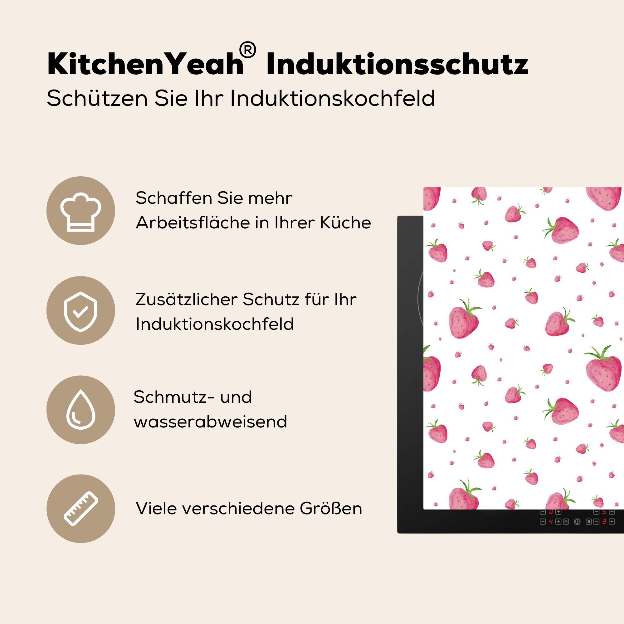 Erdbeere cm, - Schablonen, 78x78 Ceranfeldabdeckung, (1 Arbeitsplatte - küche MuchoWow Herdblende-/Abdeckplatte tlg), für Vinyl, Aquarell
