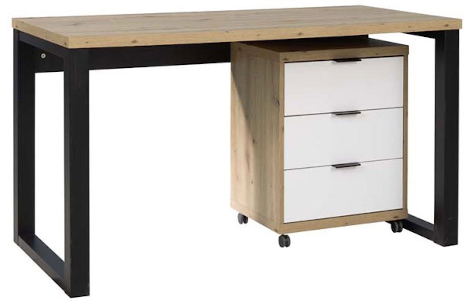 Feldmann-Wohnen Schreibtisch Iwo, 135x65x75cm schwarz weiß Artisan Eiche