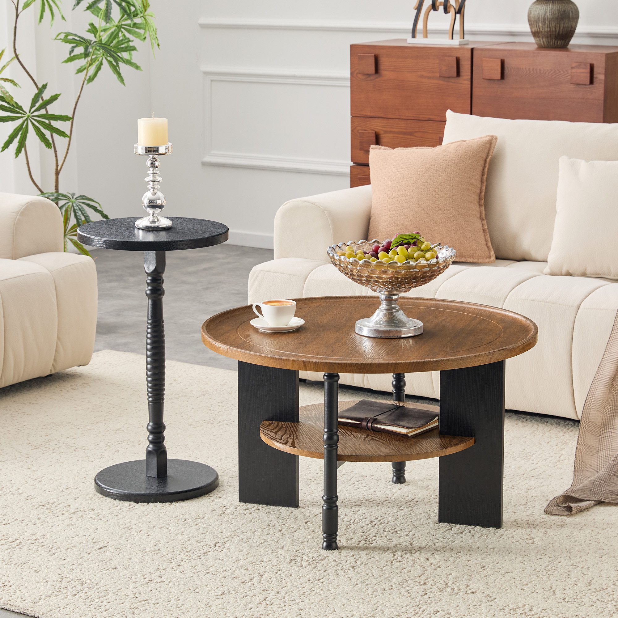 JUFU Set 2-teilig, Retro-Stil, runder Wohnzimmertisch (2-St), Ø 80 cm Couchtisch mit Ablage + Ø 38 cm Beistelltisch