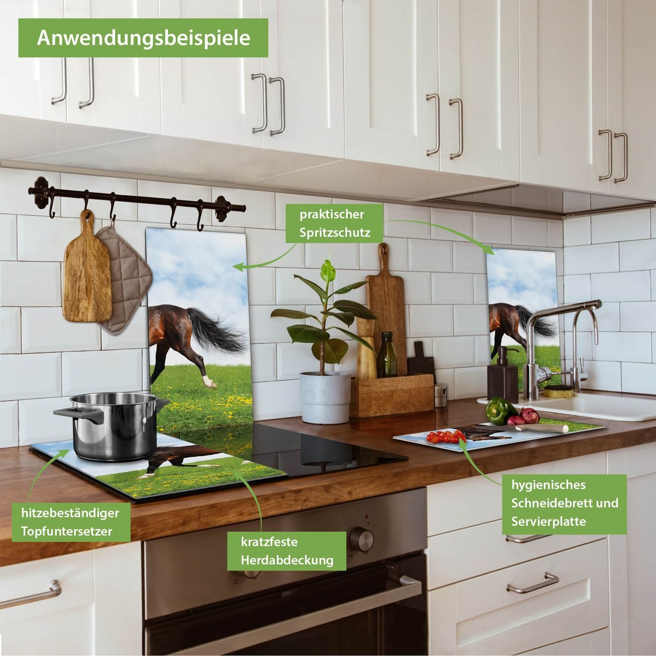 banjado Herd-Abdeckplatte zweiteilig aus Glas mit Motiv Pferd, (gehärtet, 2 tlg., inkl. selbstklebende Gummifüßchen)