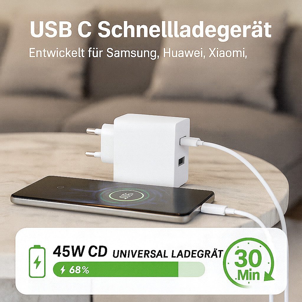 Alpha Electronics 45w Ladegerät USB C Charger Smartphone-Ladegerät (3000 mA, Spar-Set, 2-tlg., Universelle Kompatibilität, Handy Tablet + 60W USB-C Ladekabel 1m 2m, Huawei, Samsung, Apple, Xiaomi, Google Schnellladegerät)