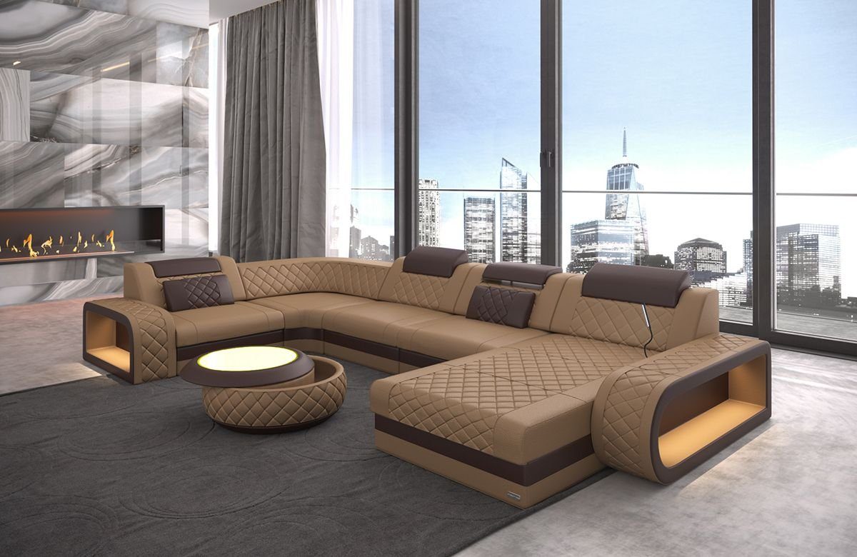 Sofa Dreams Wohnlandschaft Ledercouch Sofa Leder Berlin U Form Ledersofa, Couch, mit LED, wahlweise mit Bettfunktion als Schlafsofa, Designersofa