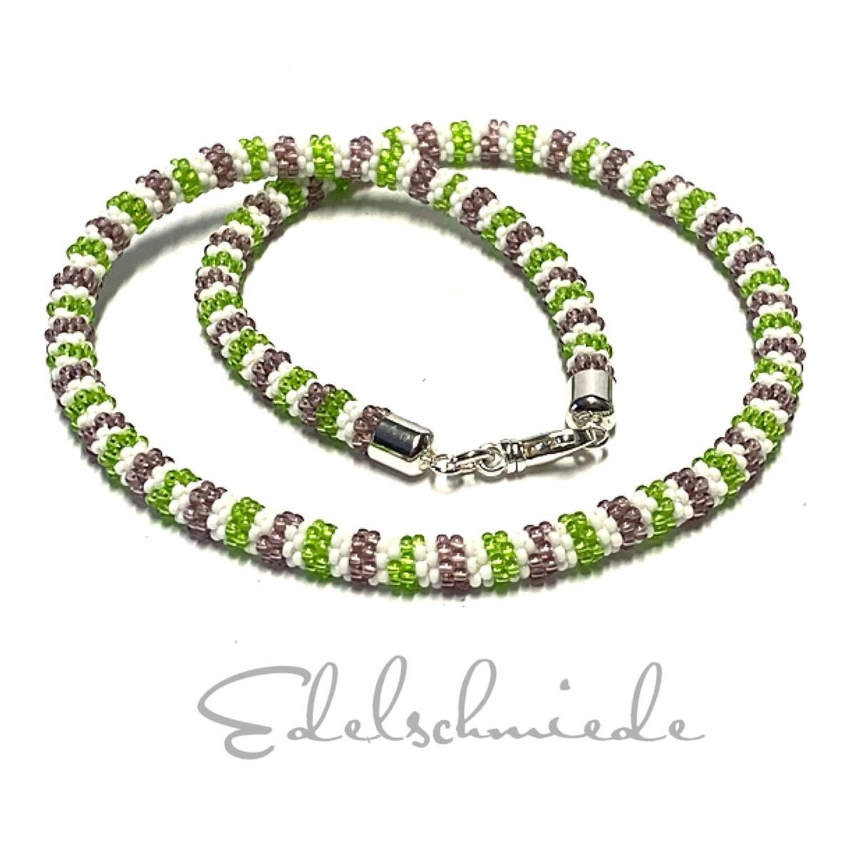 Edelschmiede925 Kette ohne Anhänger tolle Häkelkette grün weiß lila 925 Silber Verschluß 55 cm Handarbeit
