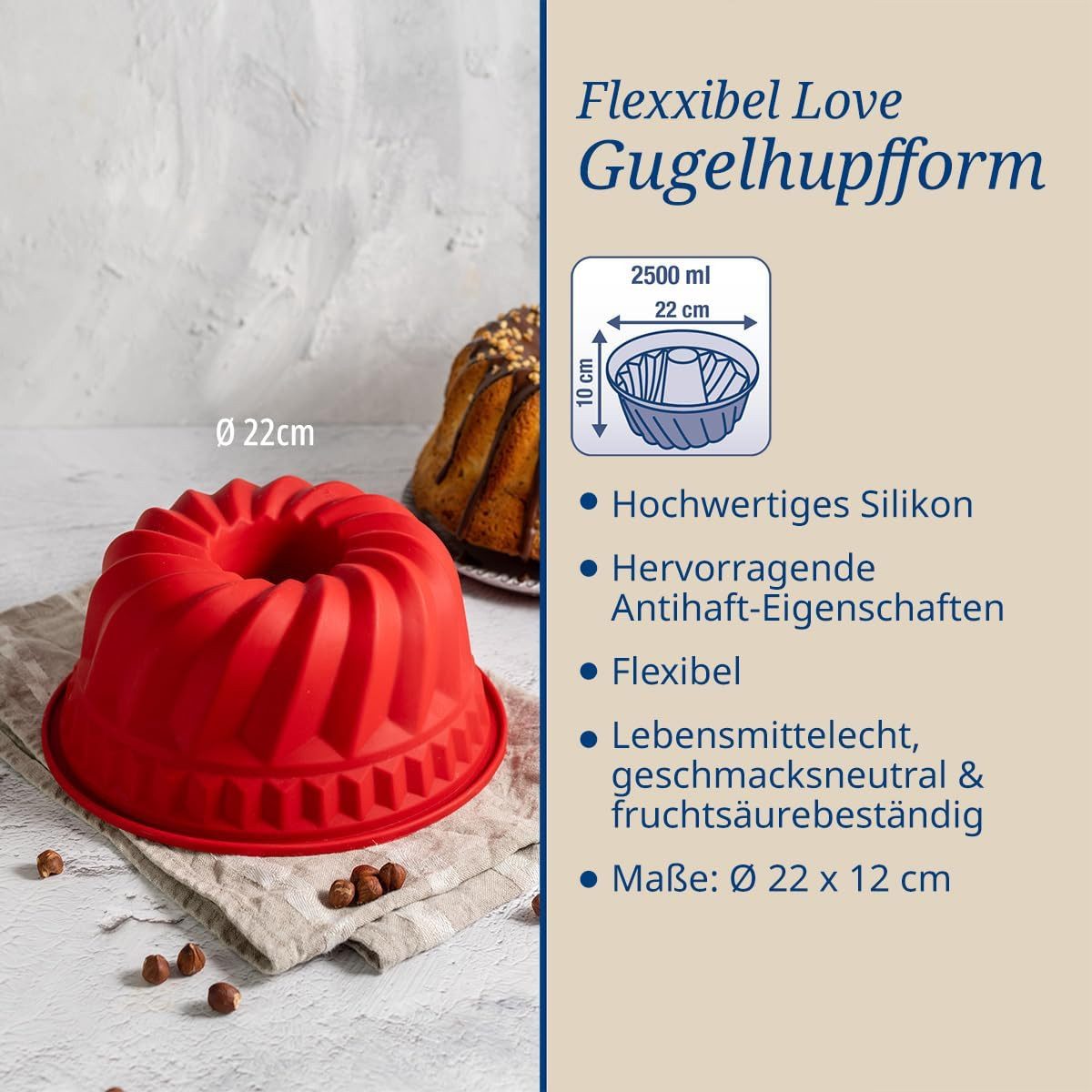 FELIXLEO Gugelhupfform Silikon-Gugelhupf Flexxibel Love Ø22 cm Backform Kuchen Eis, (1-tlg)