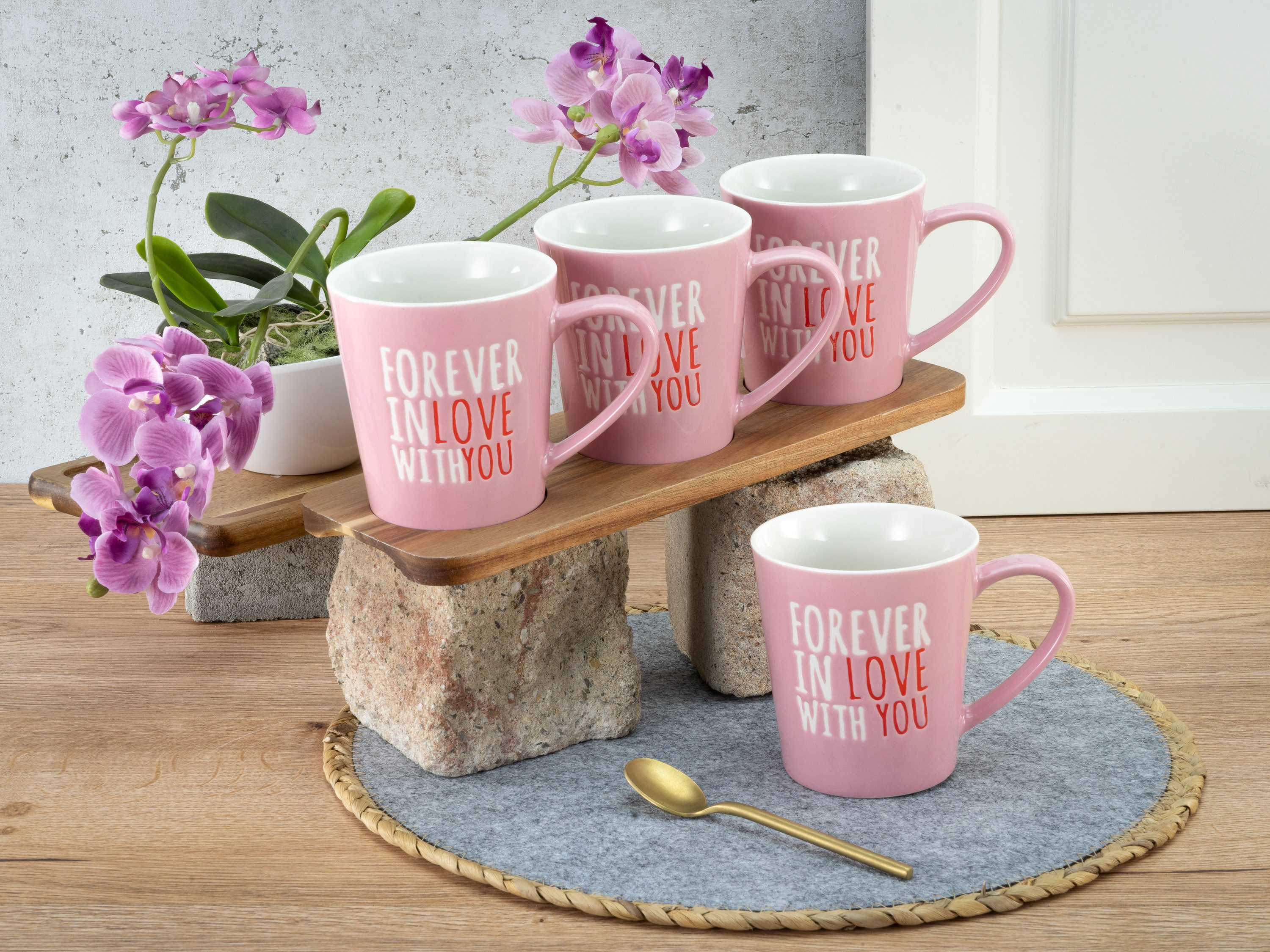 CreaTable Becher Love Collection rosa, 4-tlg., Steinzeug