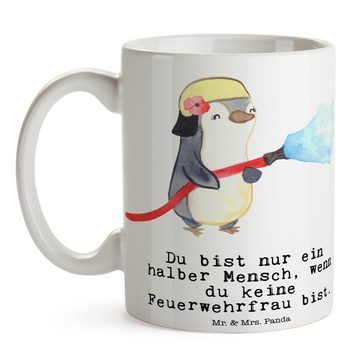 Mr. & Mrs. Panda Tasse Feuerwehrfrau Herz - Weiß - Geschenk, Feuerwehrhauptfrau, Becher, Tee, Keramik, Brillante Bedruckung