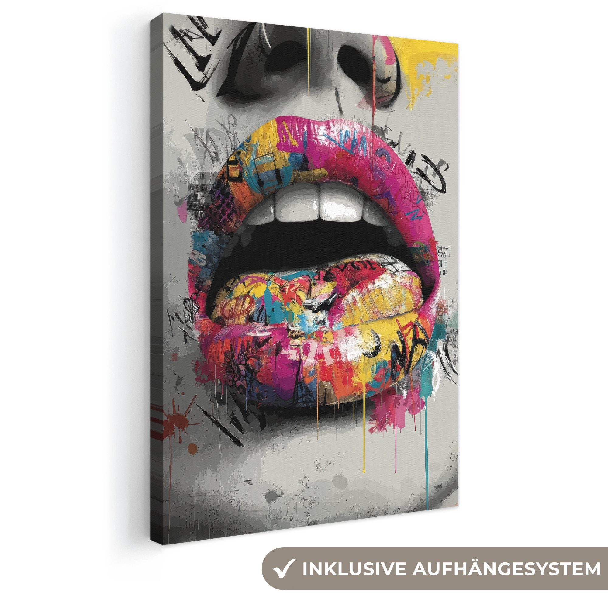 OneMillionCanvasses® Leinwandbild Lippen - Graffiti - Ausdrucksstark, Fotodruck (1 St), Leinwand Canvas Wandbild, Wanddekoration 20x30 cm