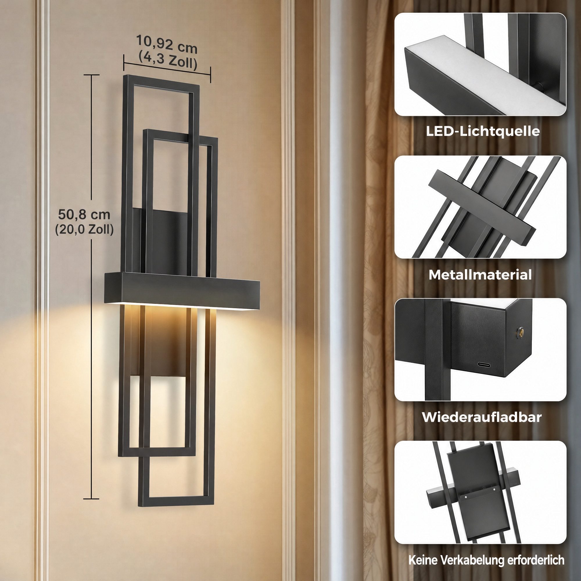 LOHAS-LED Wandleuchte Aufladbare geometrische Metall-Wandleuchten 2er-Set matt schwarz, LED fest integriert, Warmweiß, 8000mAh Akku mit Touch & RF-Fernbedienung, stufenlos dimmbar