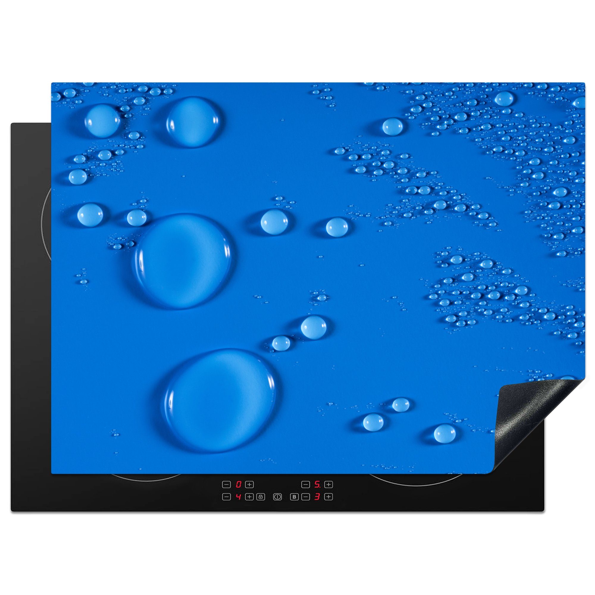 MuchoWow Herdblende-/Abdeckplatte Tropfen auf einem hellblauen Hintergrund, Vinyl, (1 tlg), 71x52 cm, Induktionskochfeld Schutz für die küche, Ceranfeldabdeckung