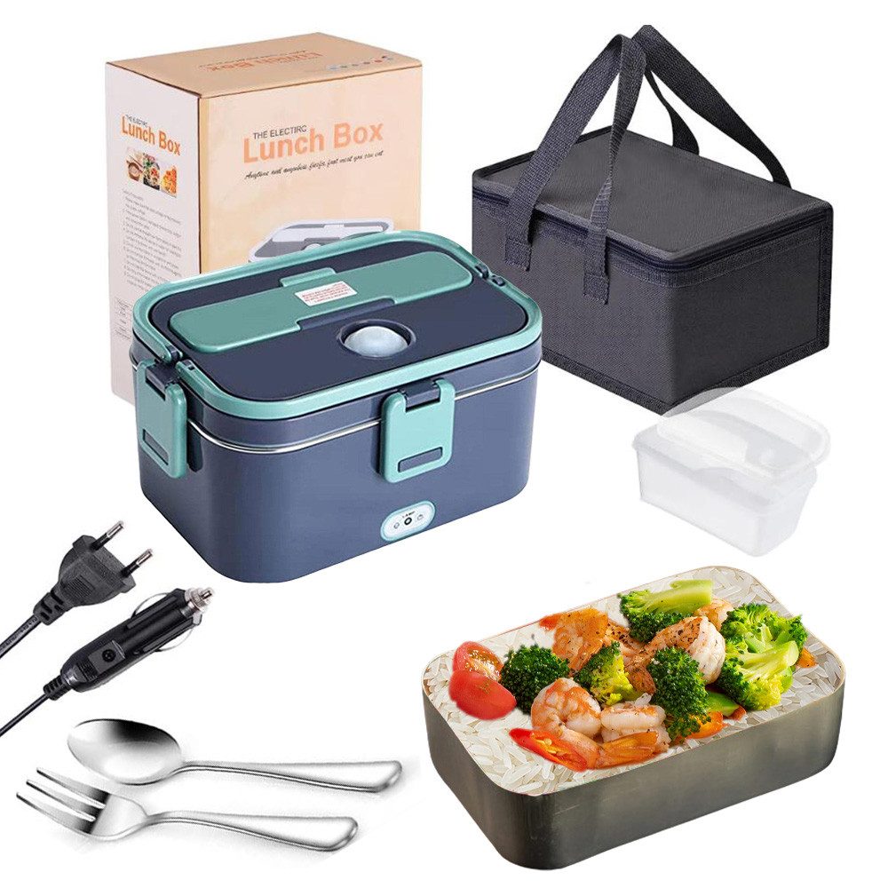REDOM Elektrische Lunchbox Portable Essenswärmer Edelstahl Essensbox, (60W mit 1,8L Edelstahlbehälter und 0,35L Zusatzfach, 12V/24V/220V Anschluss, Auslaufsicher mit Silikondichtung), für Auto LKW Büro Arbeit Haus Reisen Camping usw.