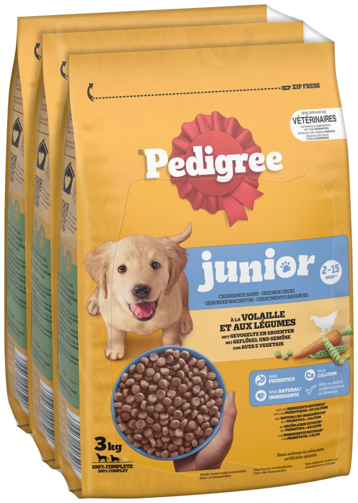 Pedigree PEDIGREE® Beutel Junior mit Geflügel und Gemüse 3 x 3kg, Trockenfutter für: Hunde