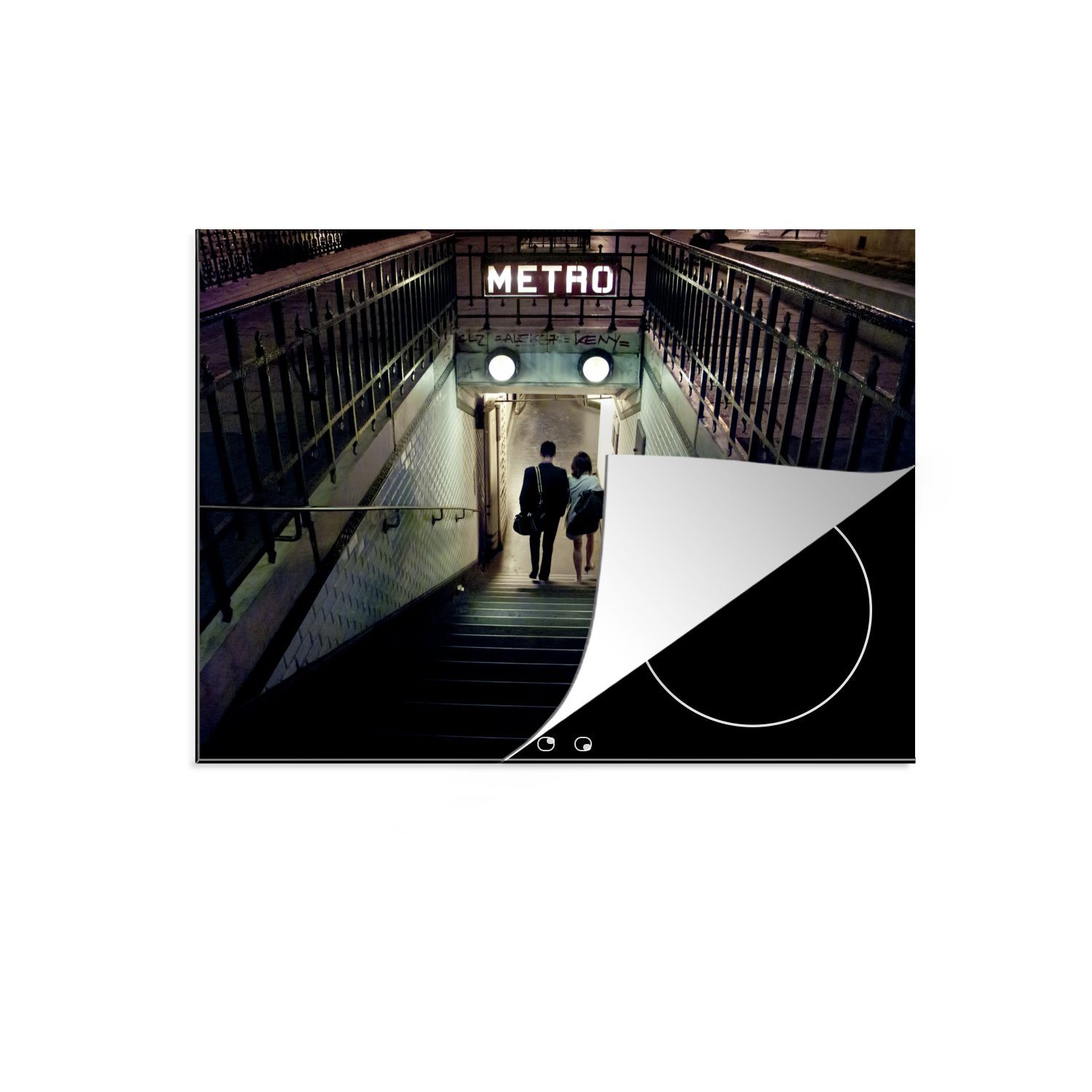 Mobile der nutzbar, Vinyl, (1 tlg), Herdblende-/Abdeckplatte Metro 70x52 MuchoWow auf in cm, Paar Arbeitsfläche Treppe der Junges Paris, Ceranfeldabdeckung