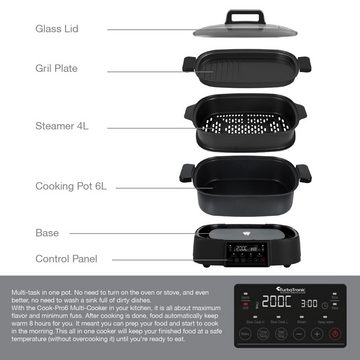 TurboTronic by Z-Line Multikocher Slow Cooker in schwarz mit Grillplatte, 1250 W, 6L + 4L, mit Digitalsteuerung, Dampfgarer, Reiskocher, Tischgrill