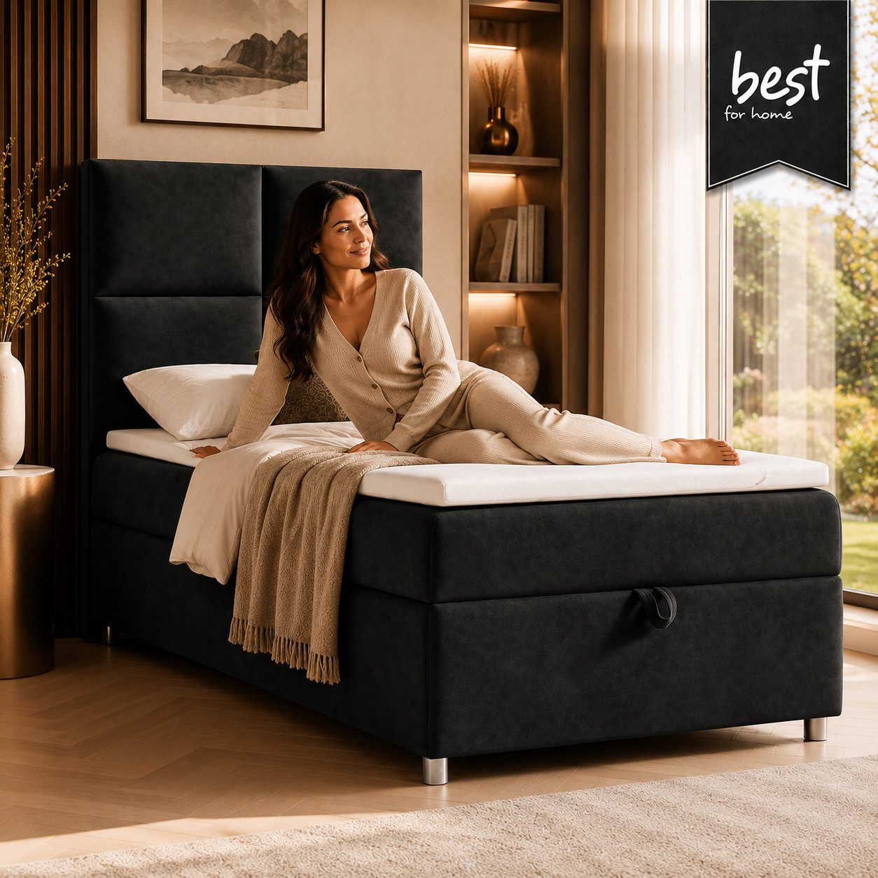 Best for Home Boxspringbett Trinity K-2 mit Bettkasten & Topper – Komfort & Stauraum (Einzelbett, Hotelbett, Polsterbett gepolstertes Kopfteil, Jugendbett, Kinderbett versch. Größen, 1-St., 70x200 80x200 90x200 100x200 cm), Einzel-Boxspringbett mit integriertem Stauraum, gepolstertem Kopfteil