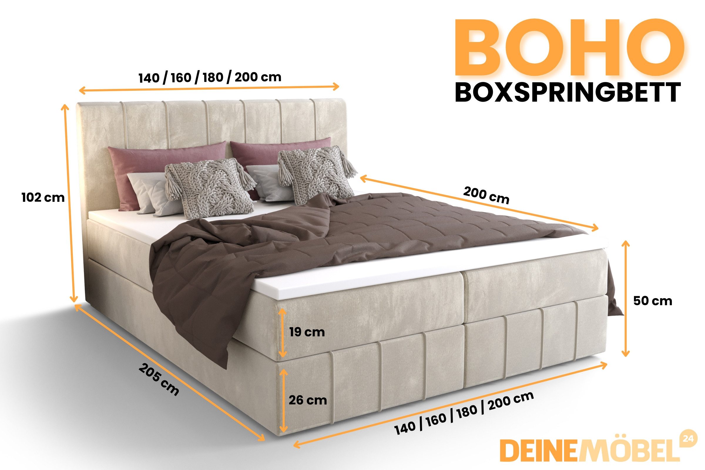 Deine Möbel 24 Boxspringbett BOHO in Velours Boxbett Schlafzimmerbett Ehebett (Boxspringbett, 1-St., Boxspringbett mit Kopfteil und Bettkästen), wasserabweisender Veloursstoff MONOLITH