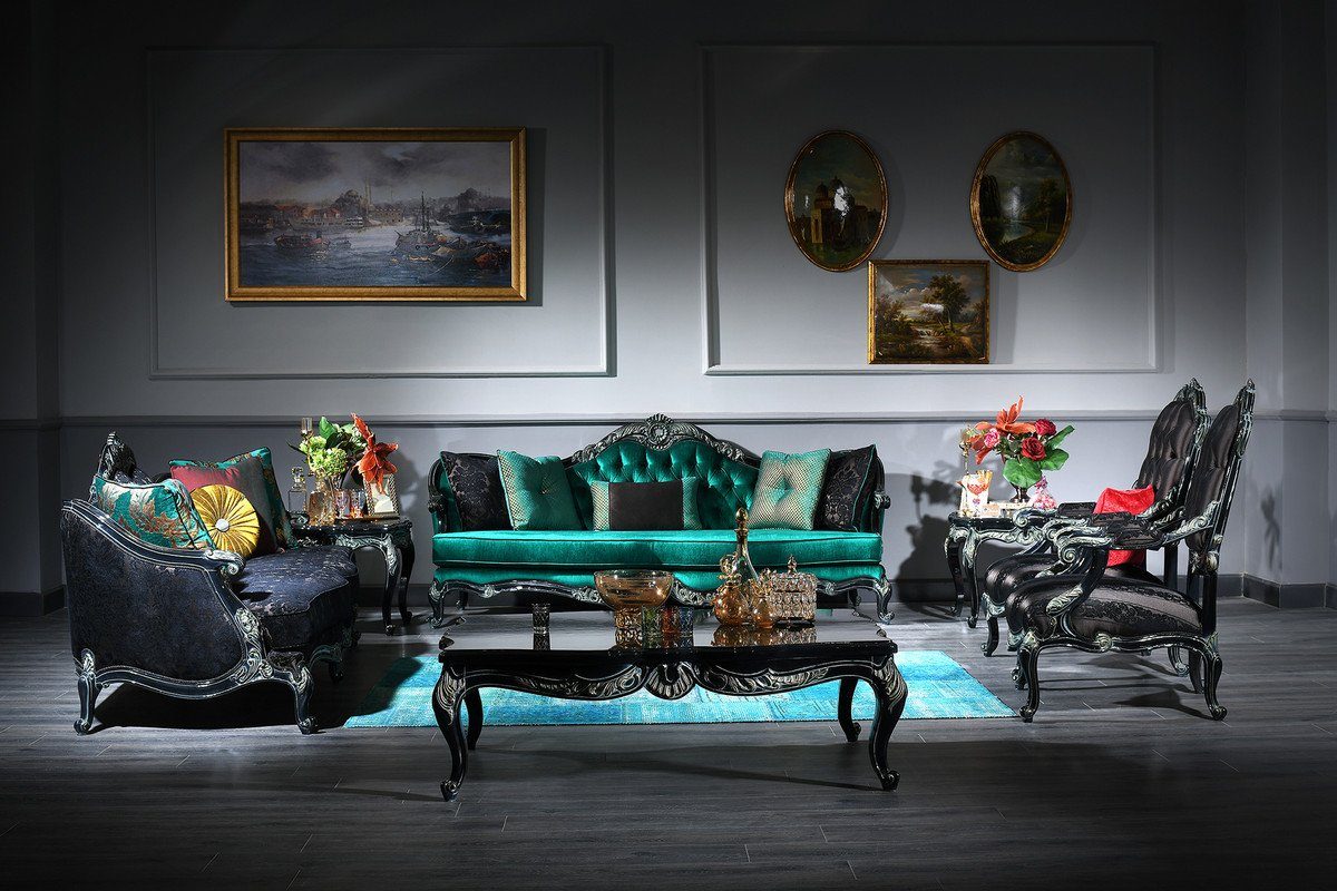 Casa Padrino Couchtisch Luxus Barock Set Grün / Schwarz / Gold - 2 Sofas & 2 Sessel & 1 Couchtisch & 2 Beistelltische - Prunkvolle Barock Möbel - Luxus Qualität