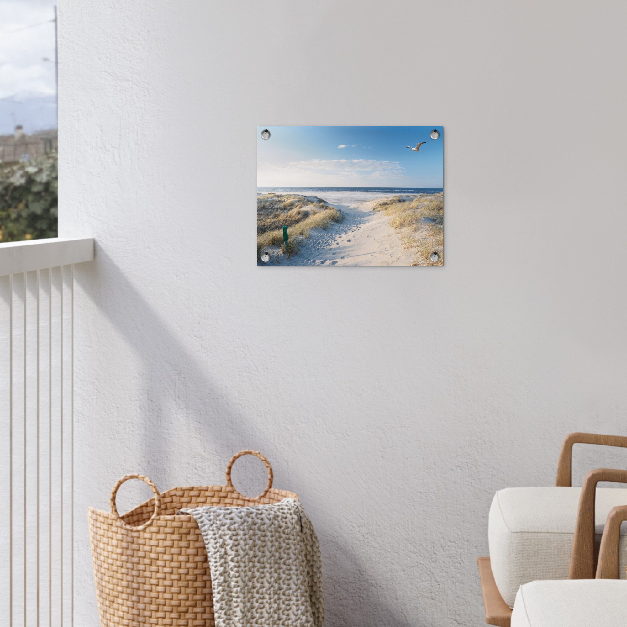 OnlyWow Poster für Garten Düne - Möwe - Strand - Meer - Sonne, Gartenposter, Outdoor Bilder, Gartendekoration Bild, 40x30 cm