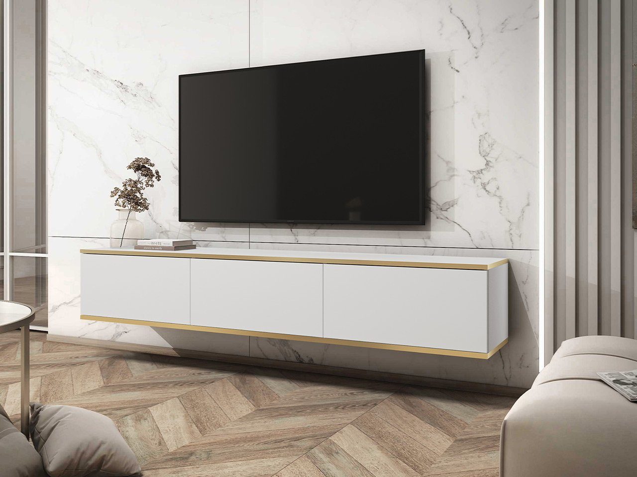 / Weiß Weiß Öffnungssystem 175x32x30 to open, (3-Klappe) push cm Griffloses Oro TV-Schrank Mirjan24 + Gold I