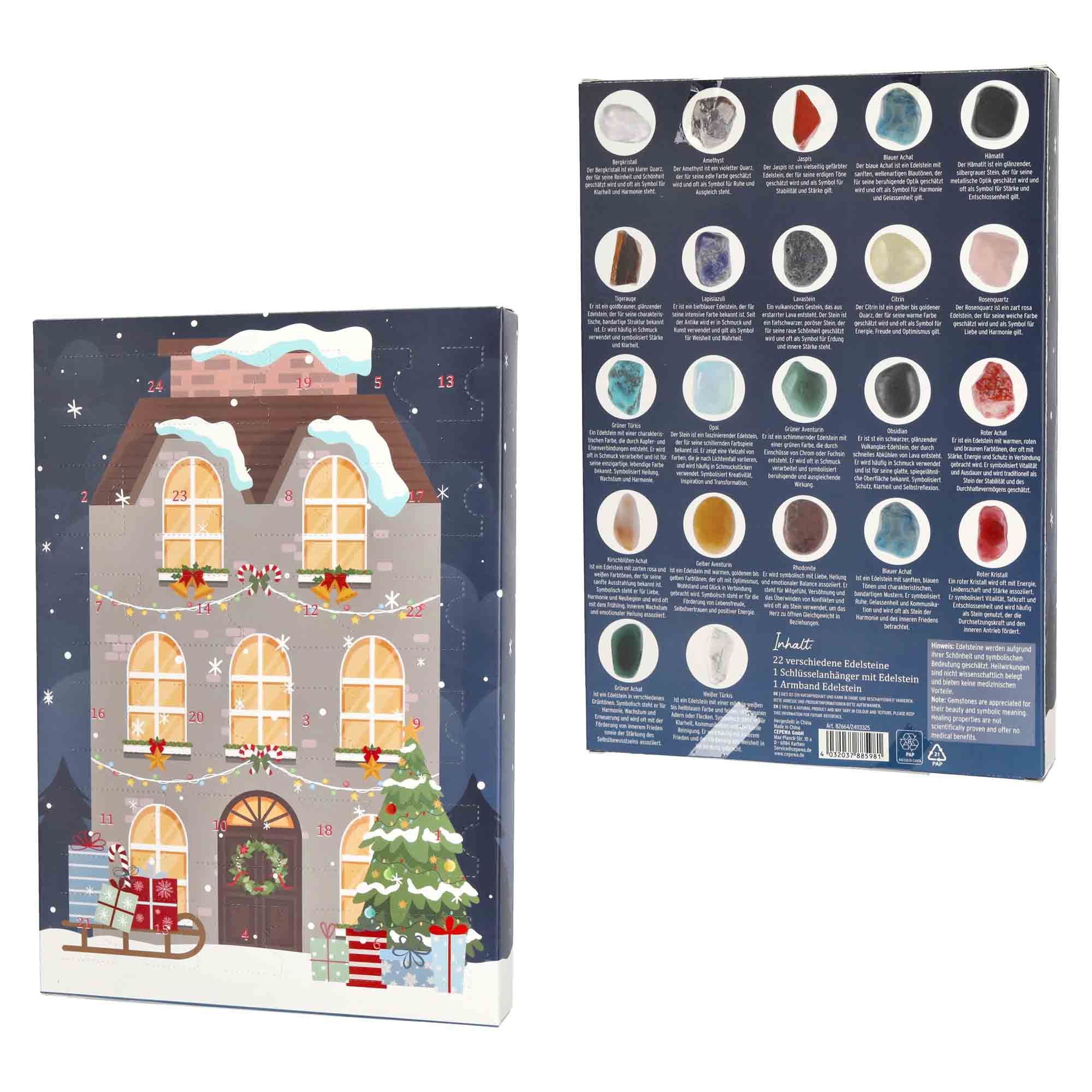 HAC24 Календари Edelstein Advents Kalender (24-tlg), Inkl. 22 Edelsteine 1 Schüsselanhänger 1 Armband