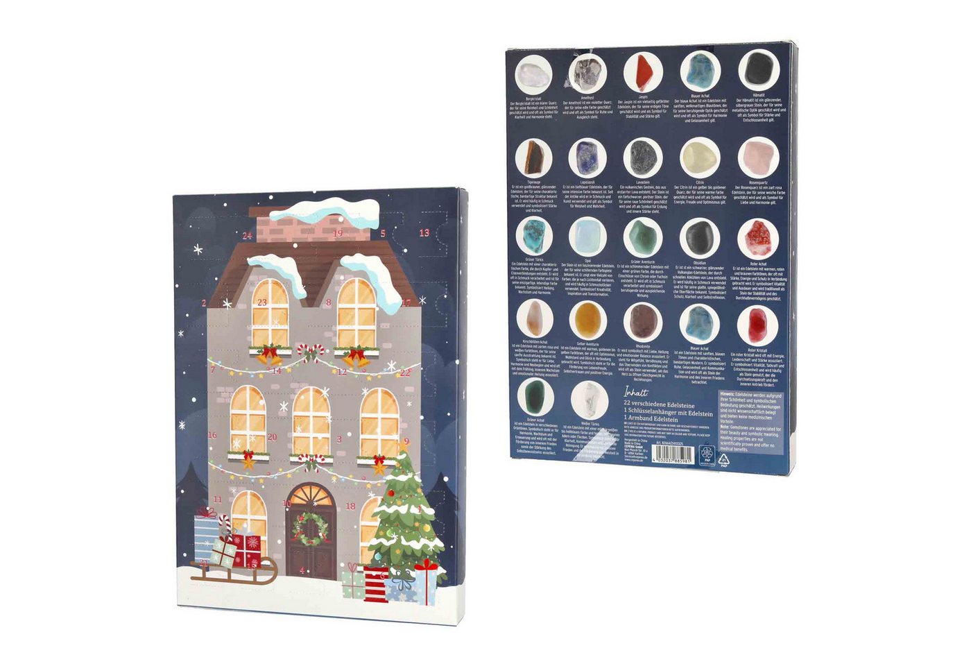 HAC24 Adventskalender Edelstein Advents Kalender (24-tlg), Inkl. 22 Edelsteine 1 Schüsselanhänger 1 Armband