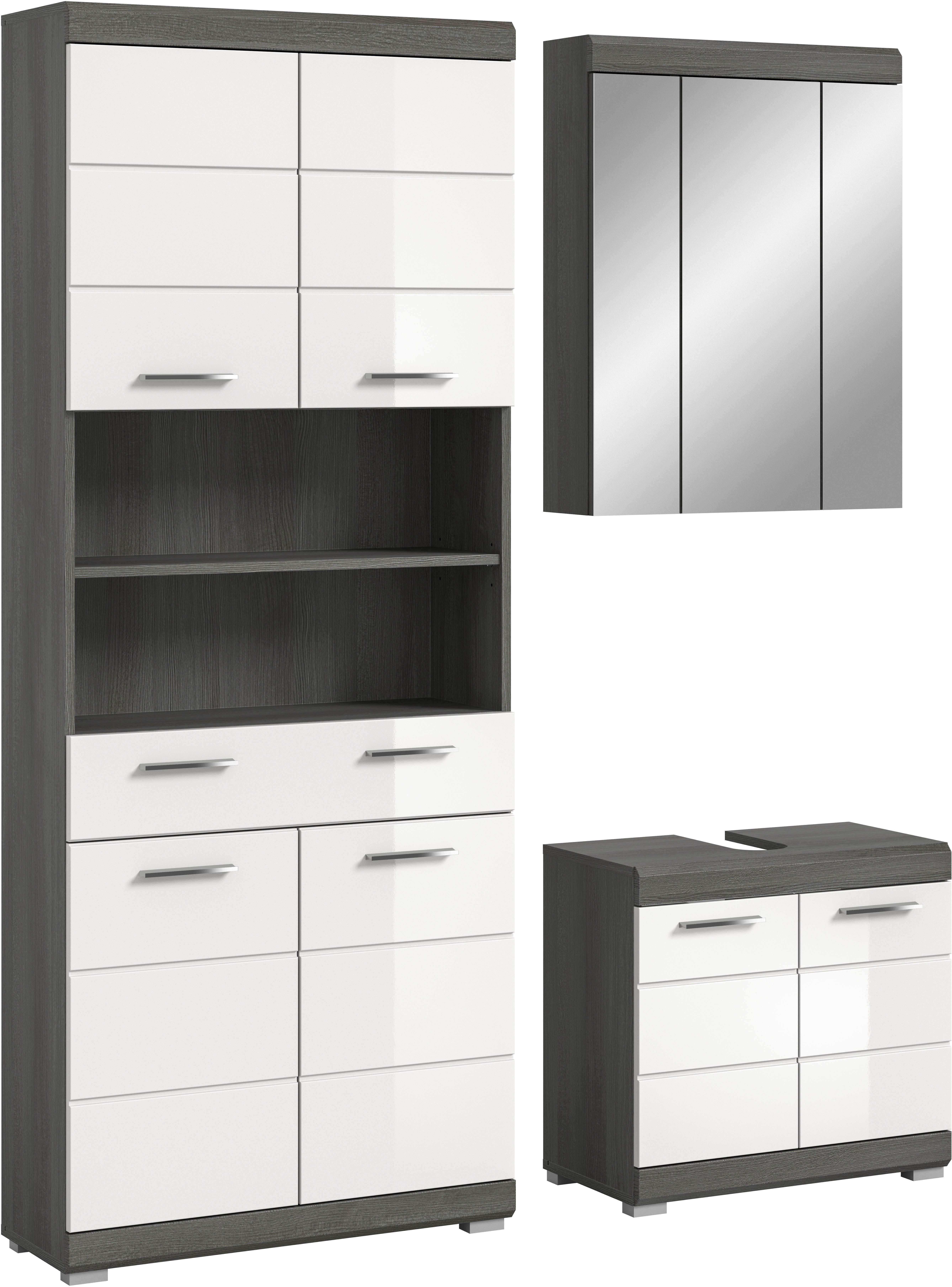 welltime Badmöbel-Set SIENA, TOPSELLER!, Breite 149cm, 3-teiliges Set, (Set, 3-St., bestehend aus: Hochschrank, Waschbeckenunterschrank & Spiegelschrank), Kombination, Badkombination, Bad-Set, Badezimmerschrank, Bad, Schrank