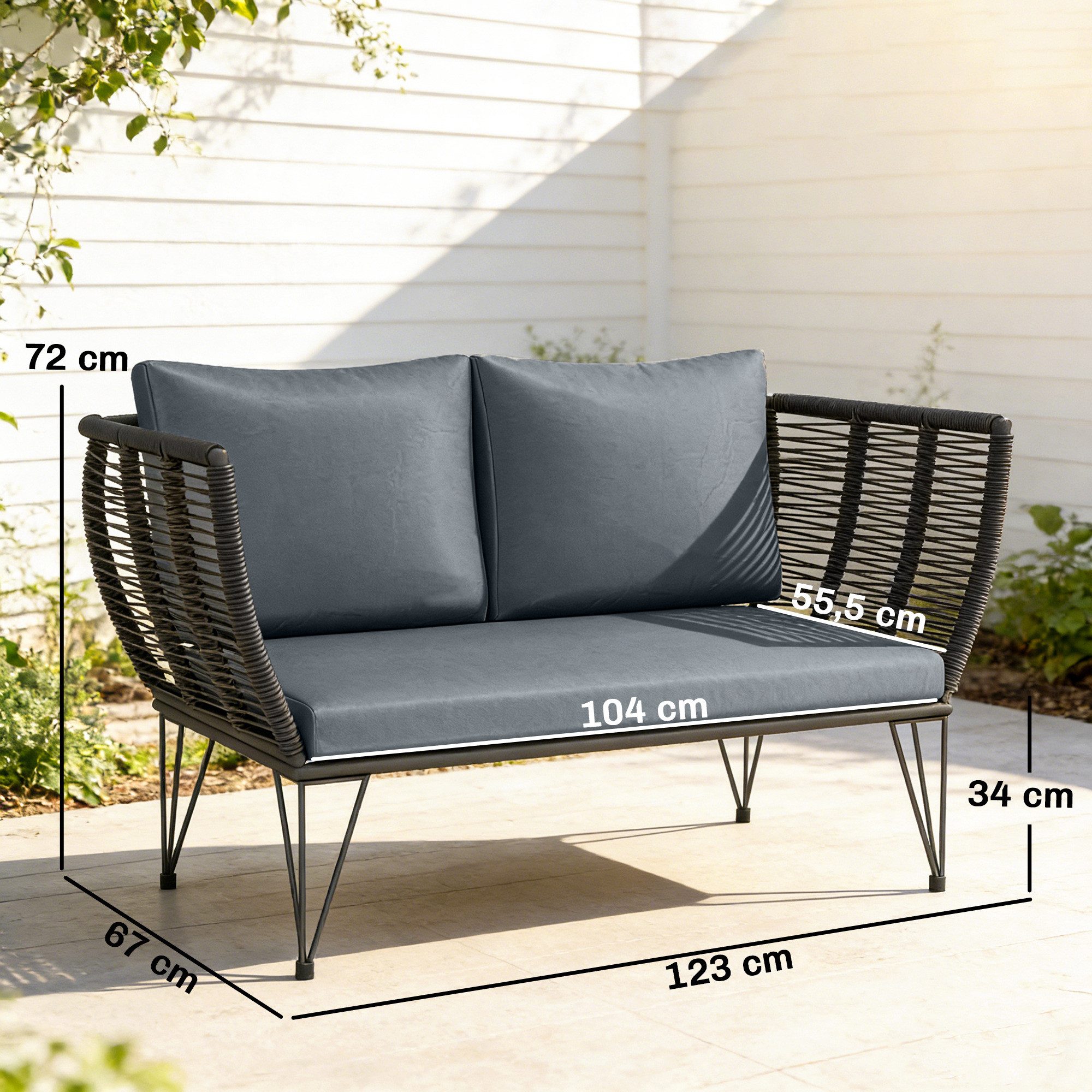 Outsunny Gartensofa 2-Sitzer Sofa mit Kissen, Balkon Sofa 1 Teile, 123 x 67 x 72 cm Hellgrau