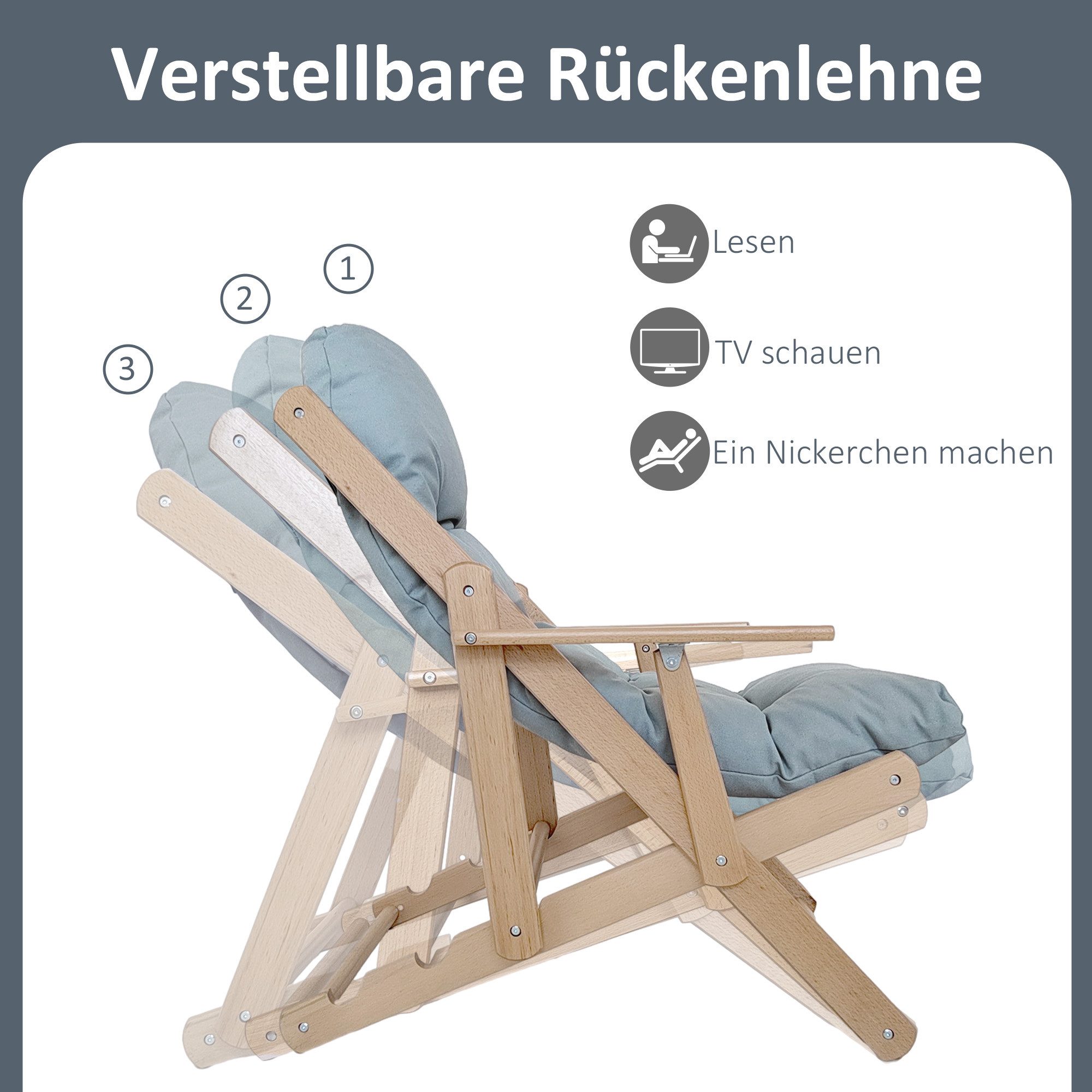 HOMCOM Relaxsessel Relaxstuhl Esszimmerstuhl mit Leinenoptik Hellgrau (Ruhesessel, 1-St., Klappbar Polstersessel), für Wohnzimmer, Buchenholz, 71 x 89 x 96 cm H – Bild 4 von 5