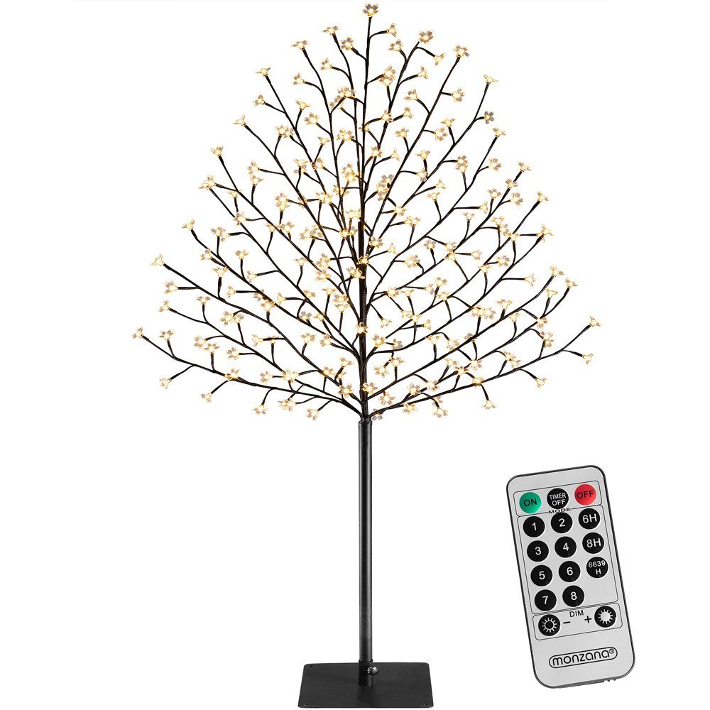 monzana Künstlicher Weihnachtsbaum, Kirschblütenbaum 180 cm mit Fernbedienung 200 LED Timer Dimmer Innen Außen Künstlich Groß Deko Kirschblüten Leuchtbaum Lichterbaum Warmweiß