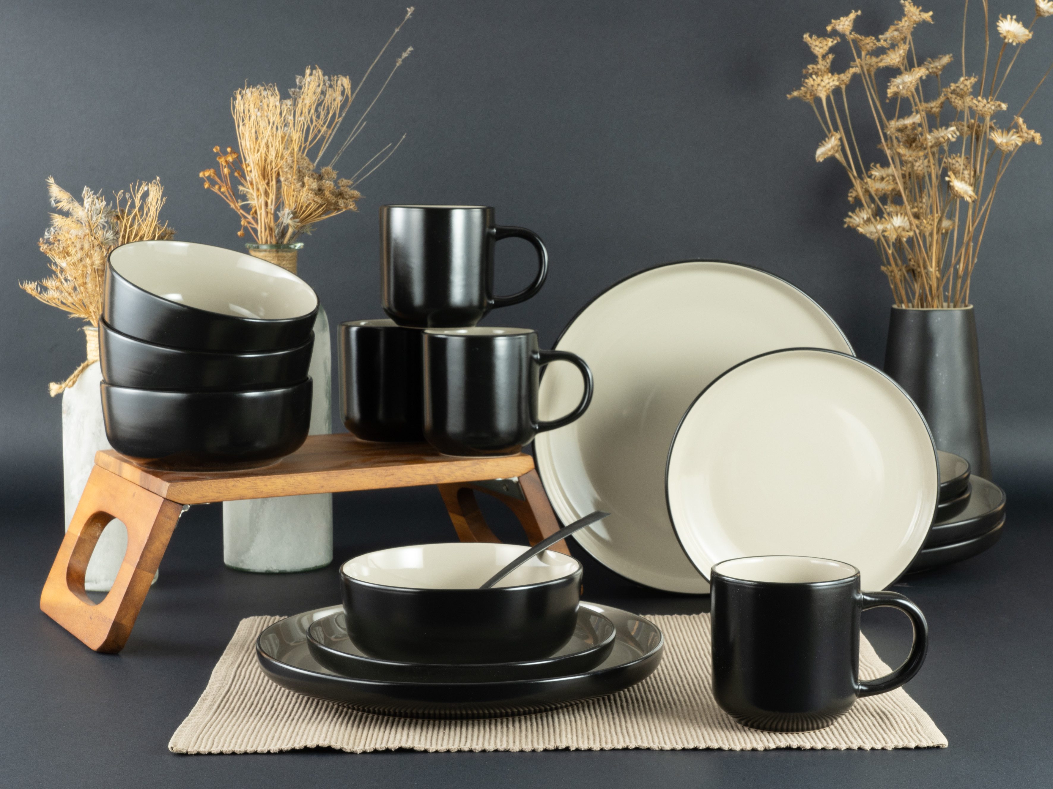 OTTO home Kombiservice modernes Geschirr-Set, Service Viarrina (16-tlg), 4 Personen, Steinzeug, hohe Haltbarkeit, spülmaschinengeeignet & mikrowellengeeignet