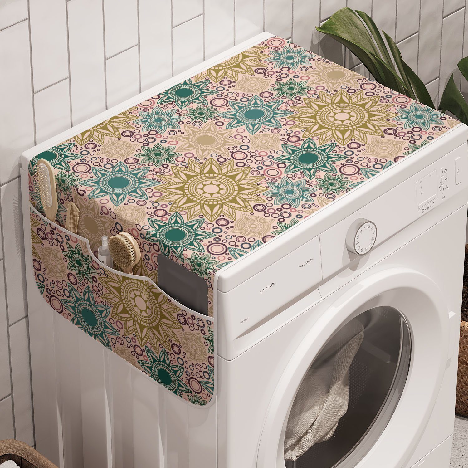 Abakuhaus Badorganizer Anti-Rutsch-Stoffabdeckung für Waschmaschine und Trockner, Mandala Oriental Blumenmuster