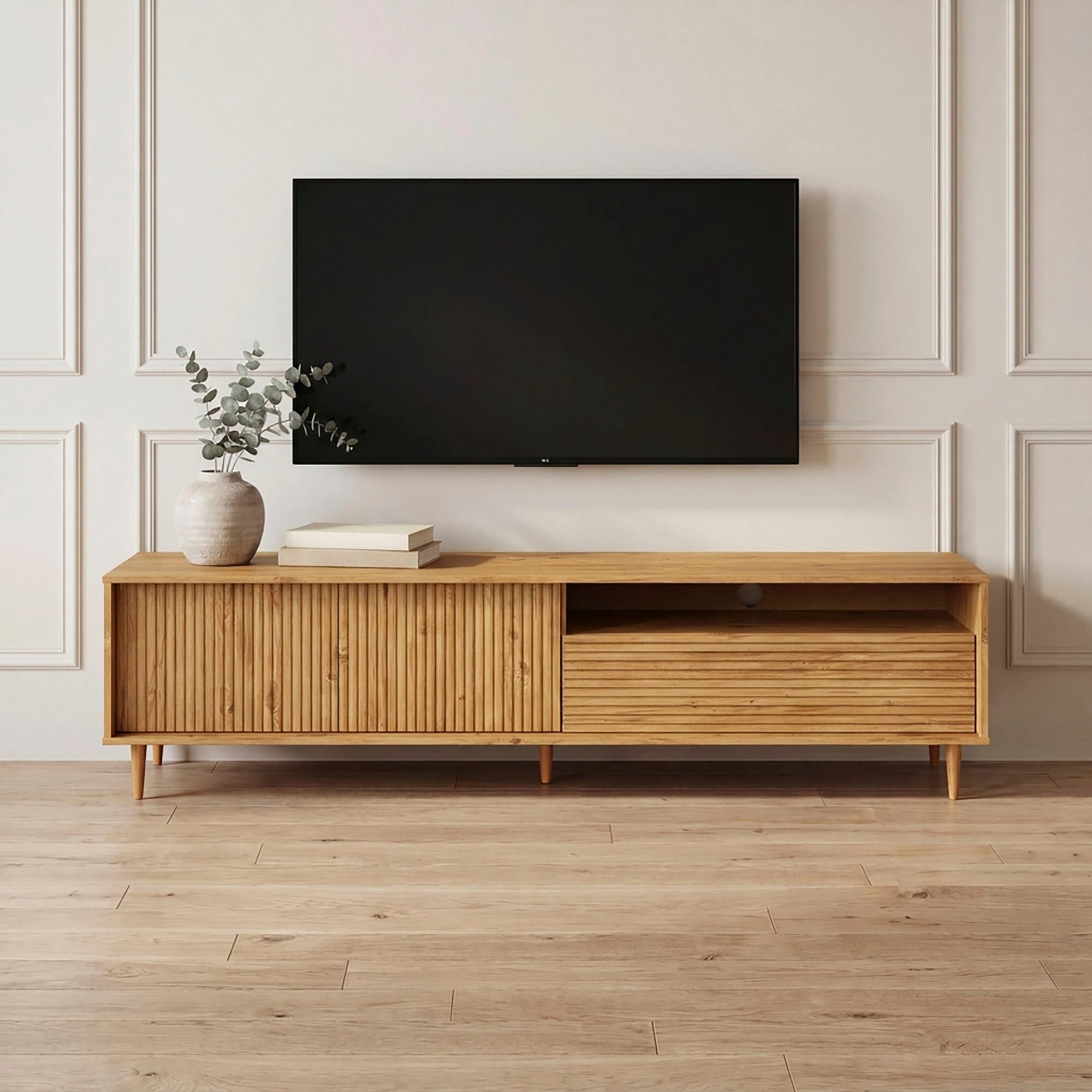 OTTO home Lowboard Malmedy Front mit gefrästen Rillen, TV-Kommode aus massivem Kiefernholz, Push-to-open, Breite 180 cm