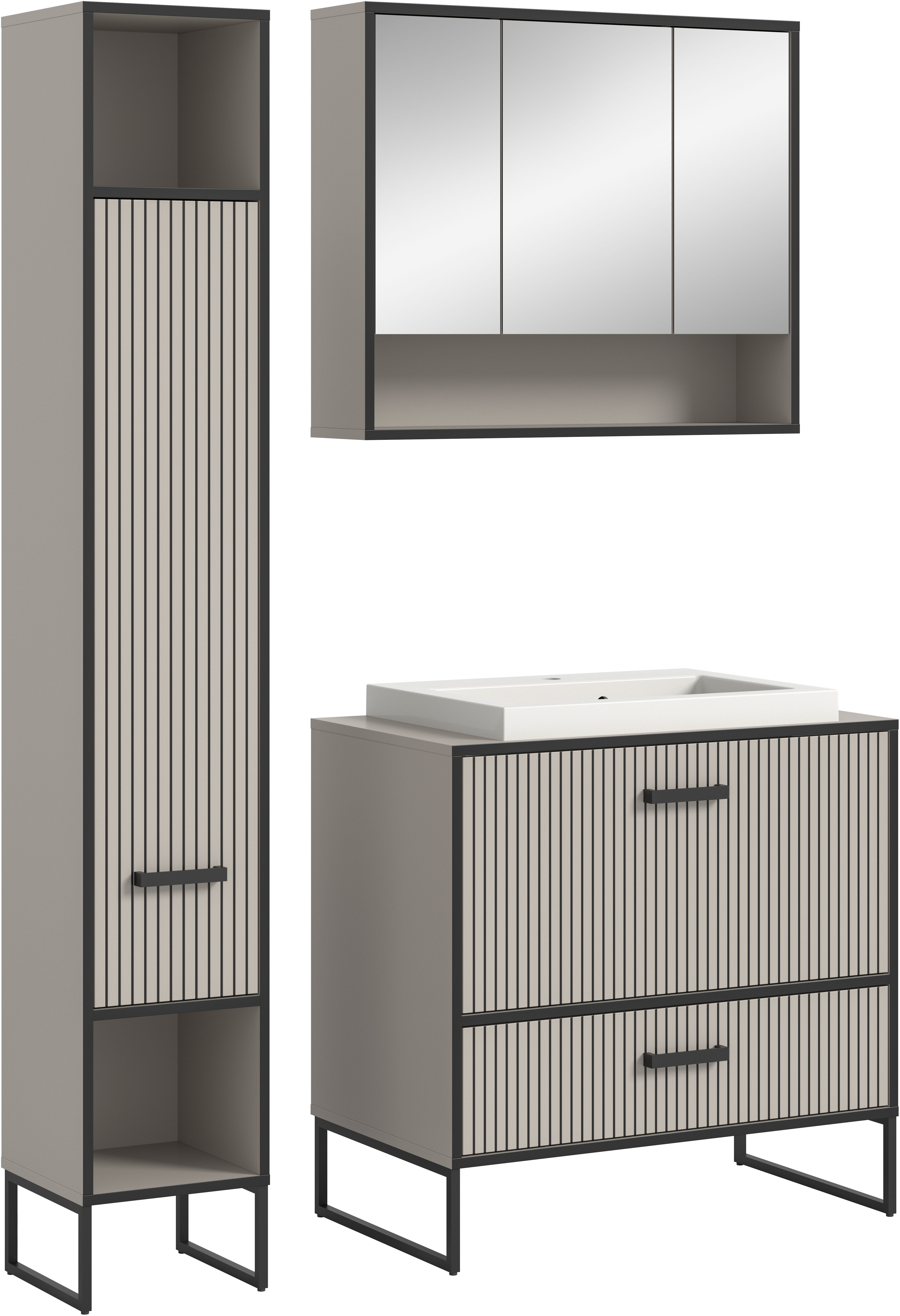 welltime Badmöbel-Set Locri, Breite 125 cm, Rillenoptik, Metallkufen, (3-St), best. aus: Hochschrank, Spiegelschrank, Waschtisch