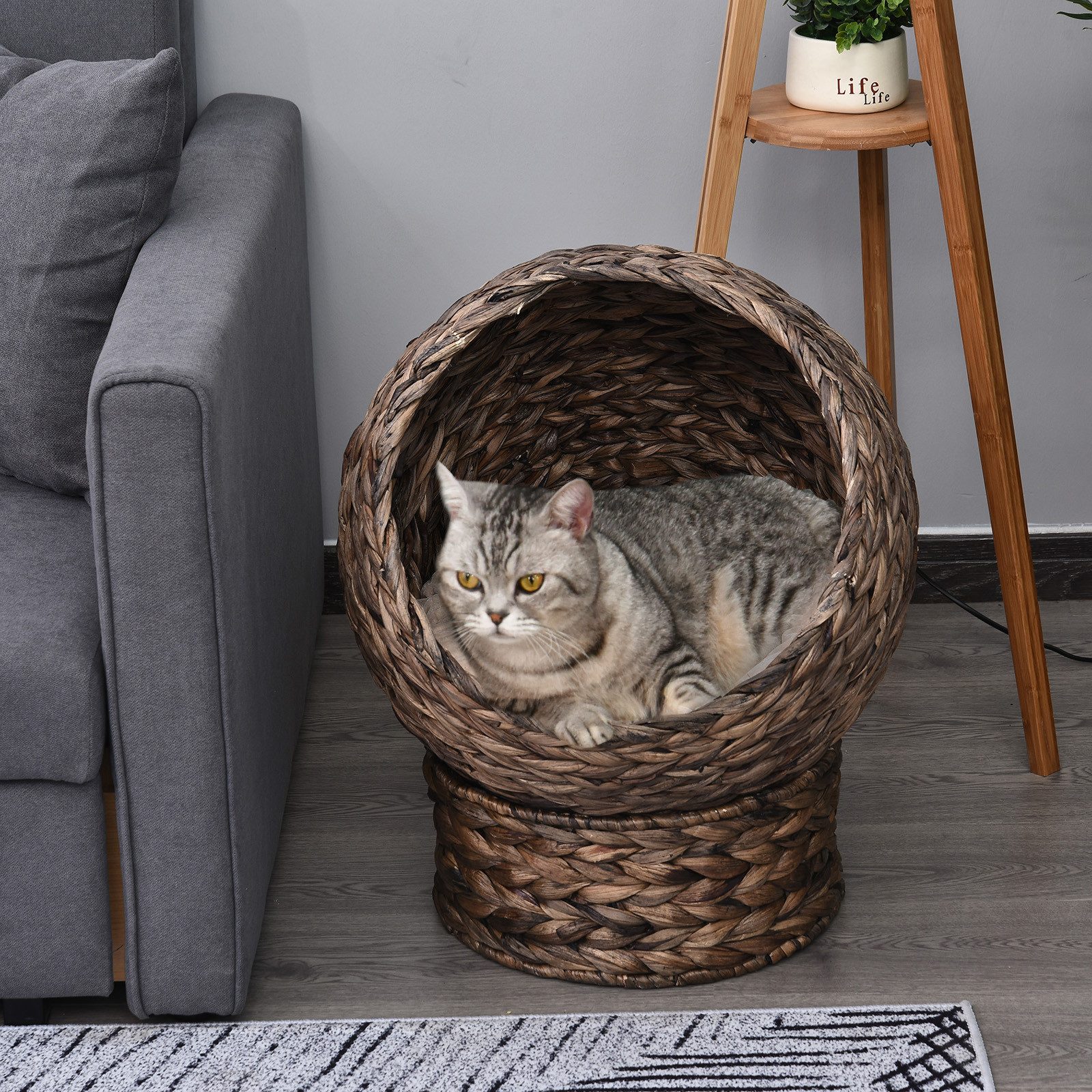 PawHut Tierhaus Rattan Katzenbett mit Kissen, Haustierbett Wasserhyazinthe, für Katzen, Braun