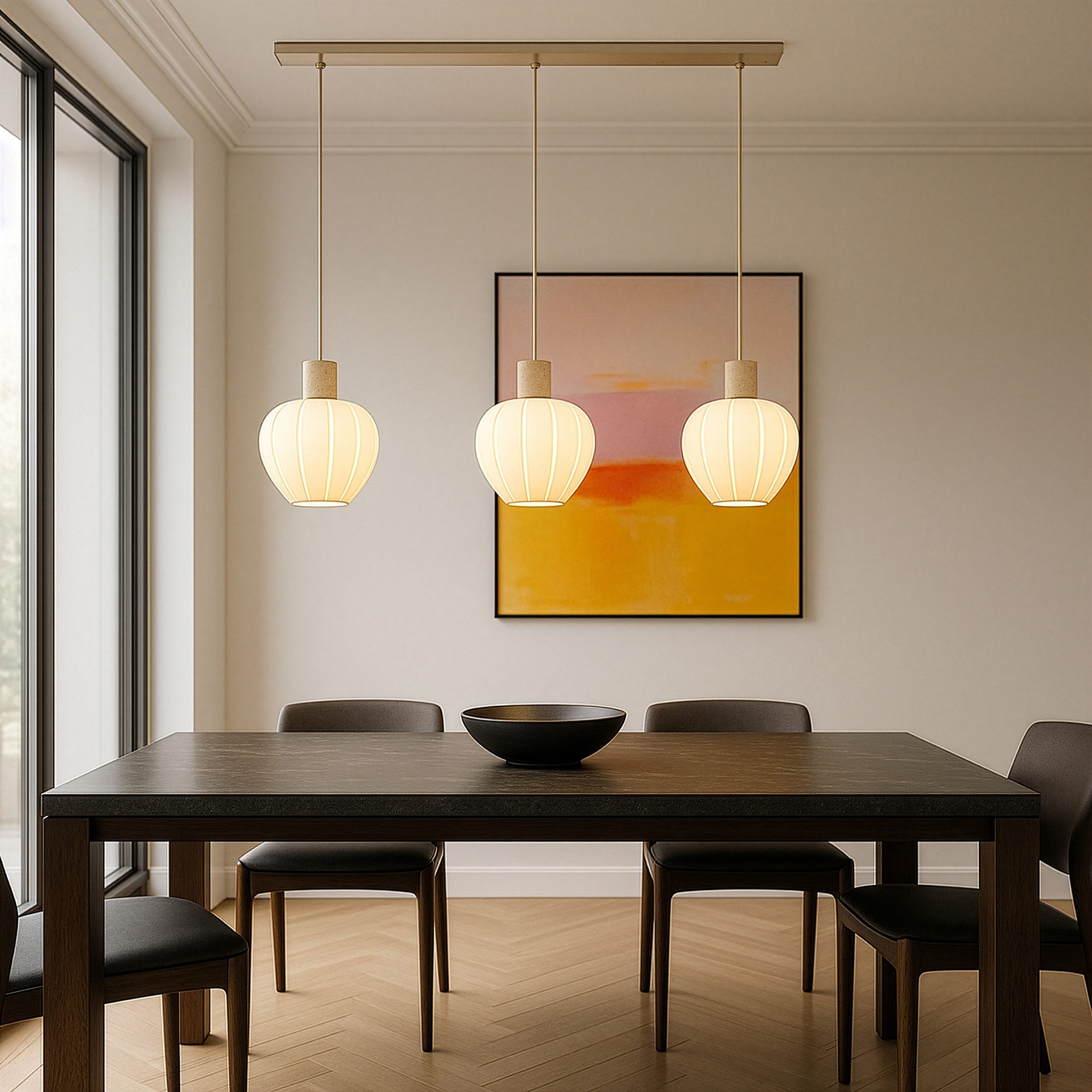 lumiCouture Pendelleuchte Annie, ohne Leuchtmittel, 100 x 23,5 x 150 cm, E27, Glas/Travertin Stein, weiß beige, kürzbar