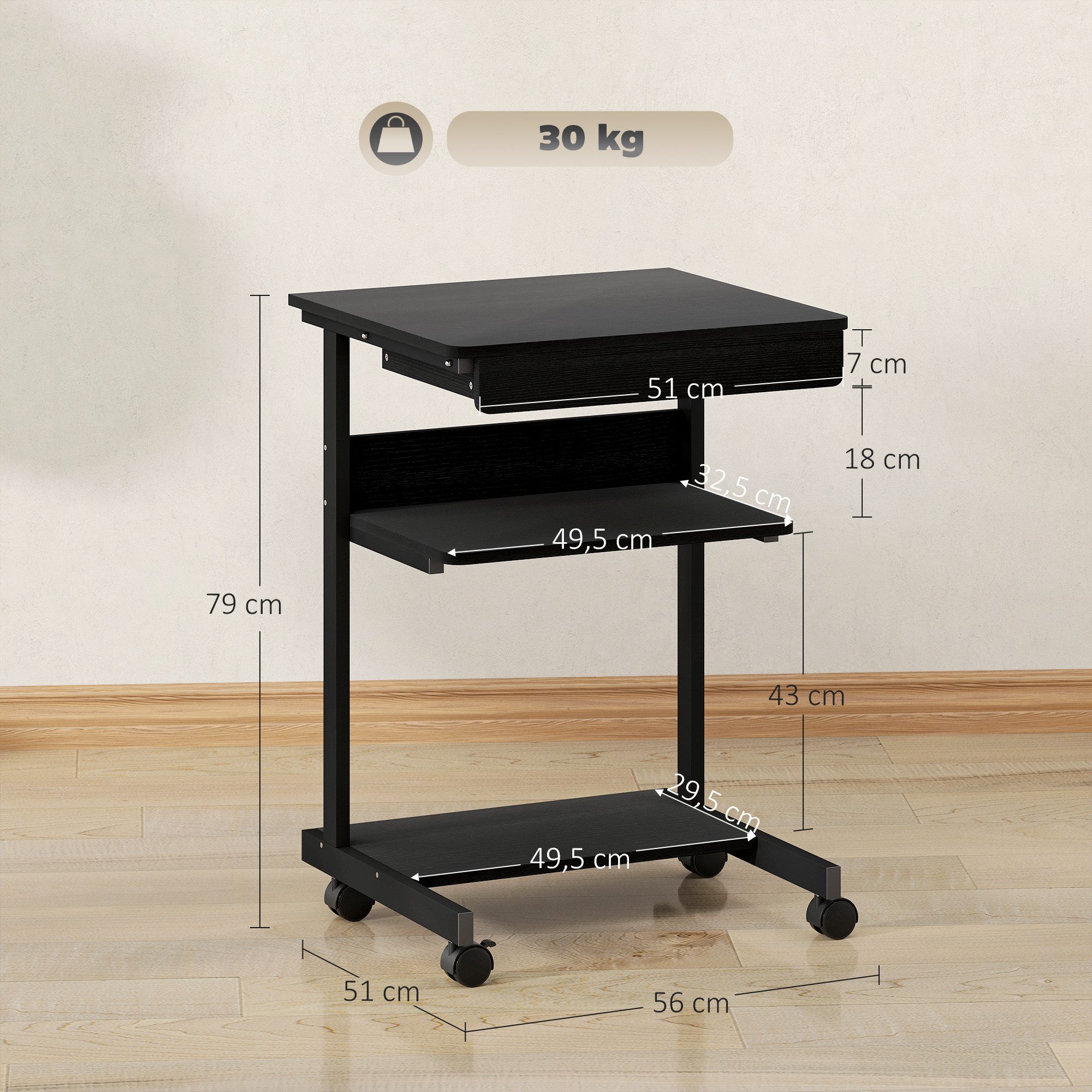 HOMCOM Schreibtisch Computertisch PC Tisch mit CPU-Ständer, Schublade (Bürotisch, 1-St., 1 Tisch), für Home Office, Schlafzimmer Schwarz