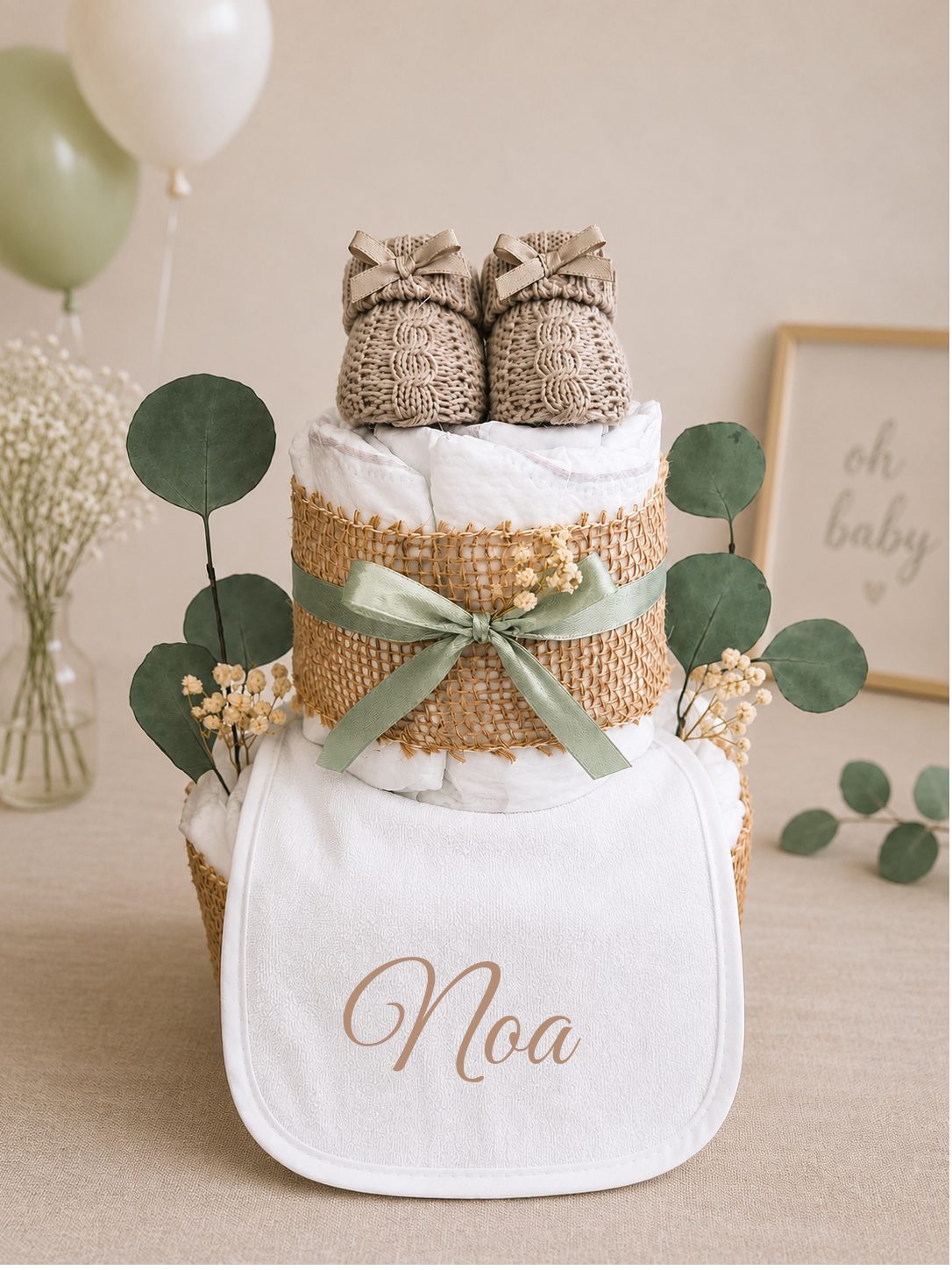 dubistda-WINDELTORTEN- Neugeborenen-Geschenkset Windeltorte mit Lätzchen & Booties