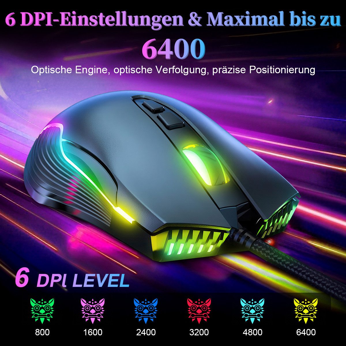Novzep Computer Maus Gaming Maus 6400DPI 6 Modi RGB LED&DPI-Stufen,Wins/Mac Gaming-Maus (kabelgebunden, 7-Tasten Ergonomisch mit Kabel, für Büro, Alltag & Gaming)