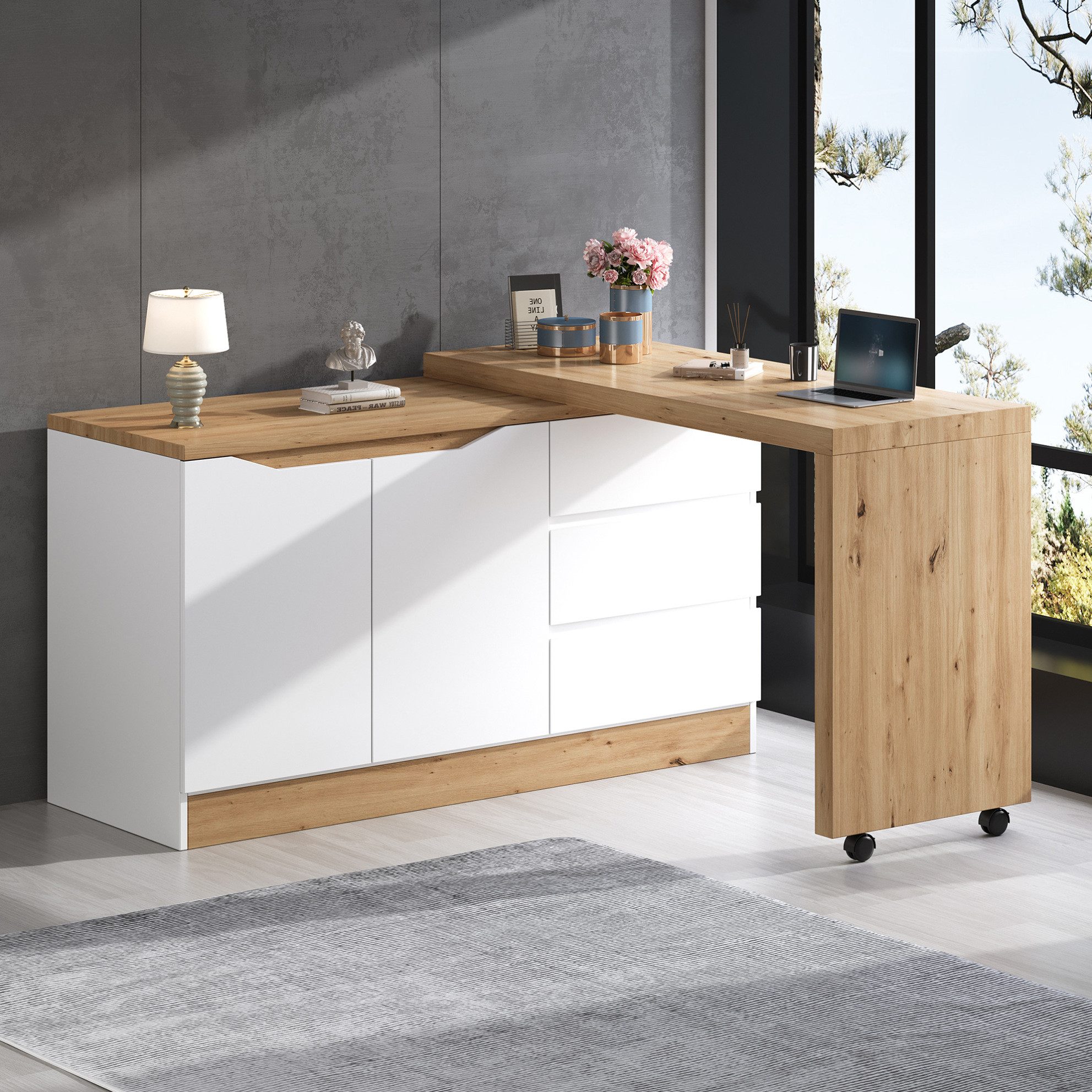 REDOM Eckschreibtisch Design-Tisch – drehbar, klappbar & mit Rollen (Packung, 1-St., Natur+Weiß, 120×78×50 cm, für moderne Räume), 4 cm dicke Platte, Natur-Weiß-Optik, vielseitig